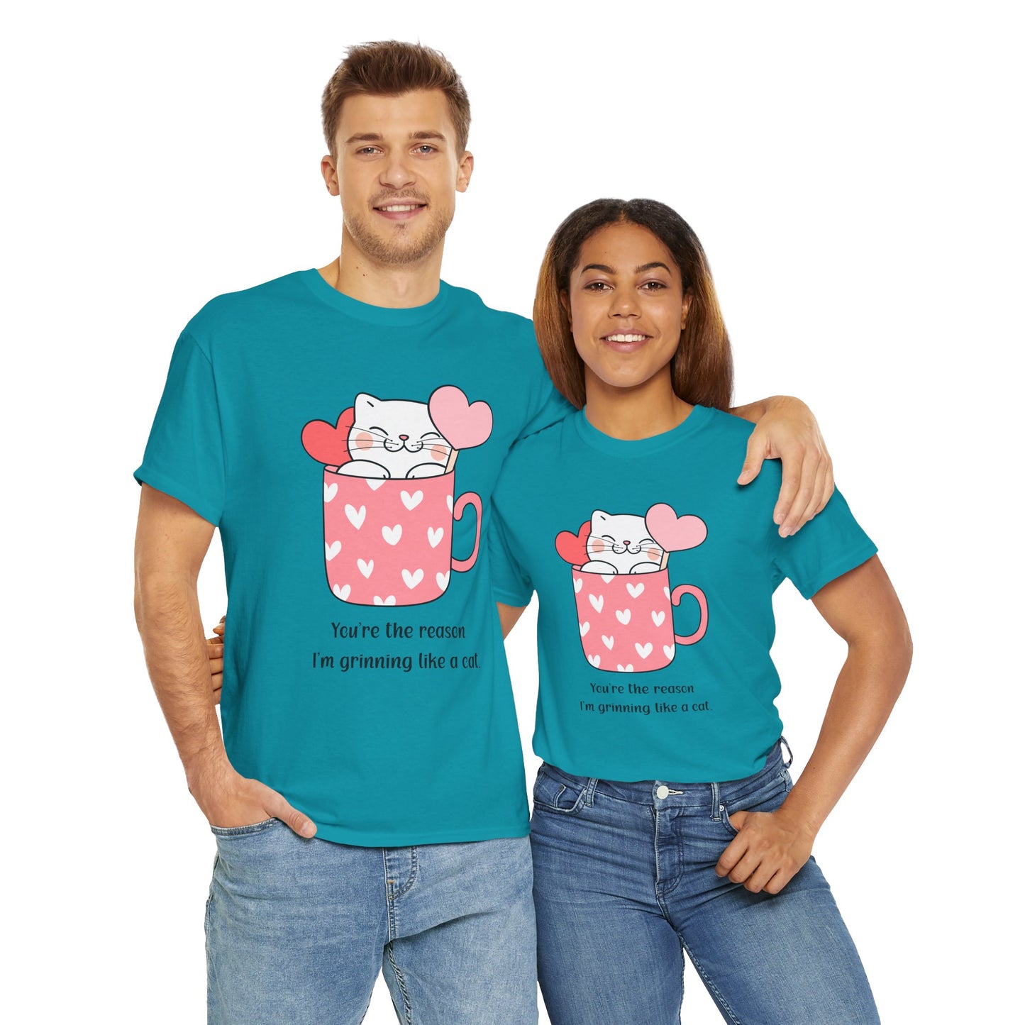 Cute Cat Love Unisex Heavy Cotton Tee - You're the Reason I’m Grinning Like a Cat!