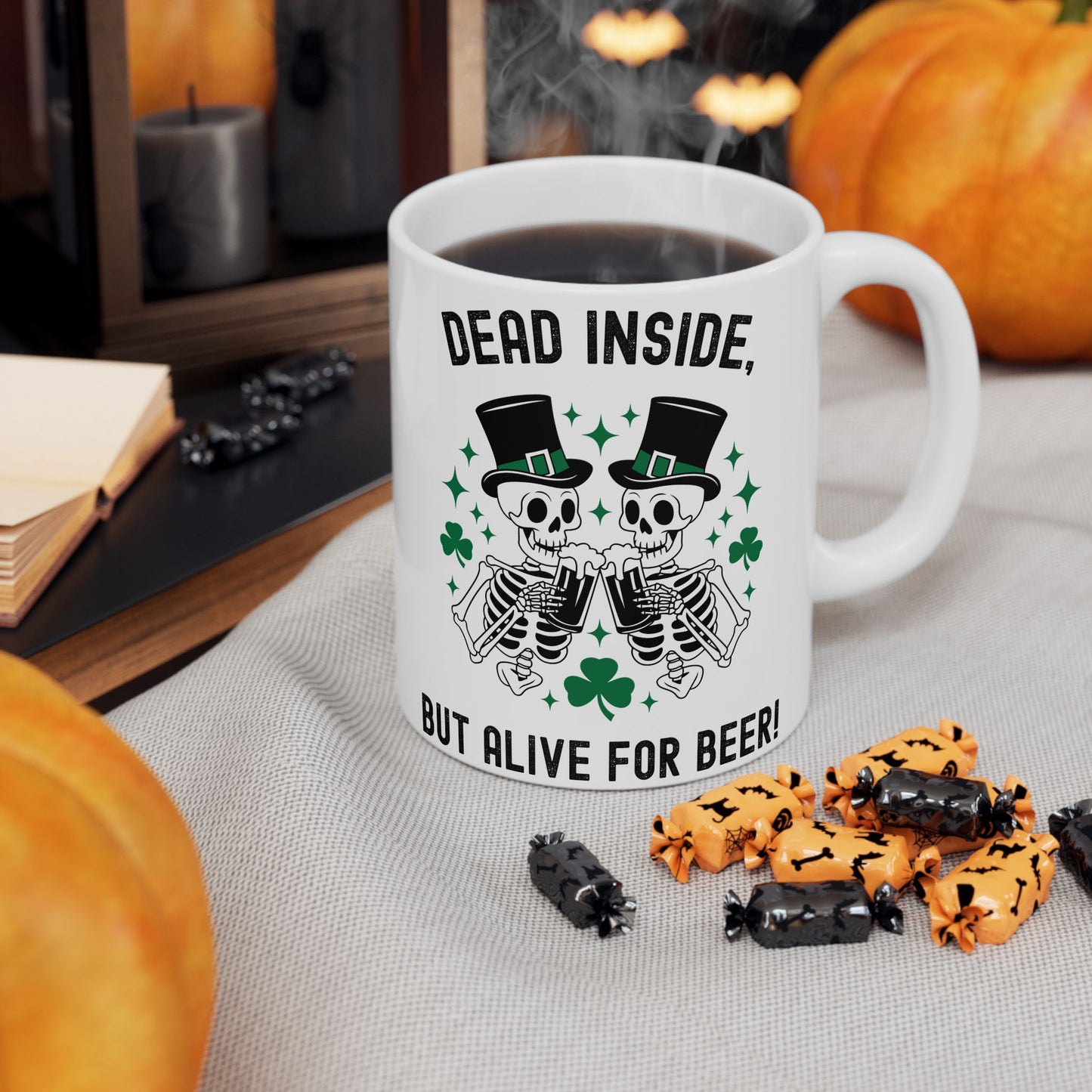 Dead Inside, But Alive With Beer! - Fun Skeleton Design - St. Patrick's Day Ceramic Mug