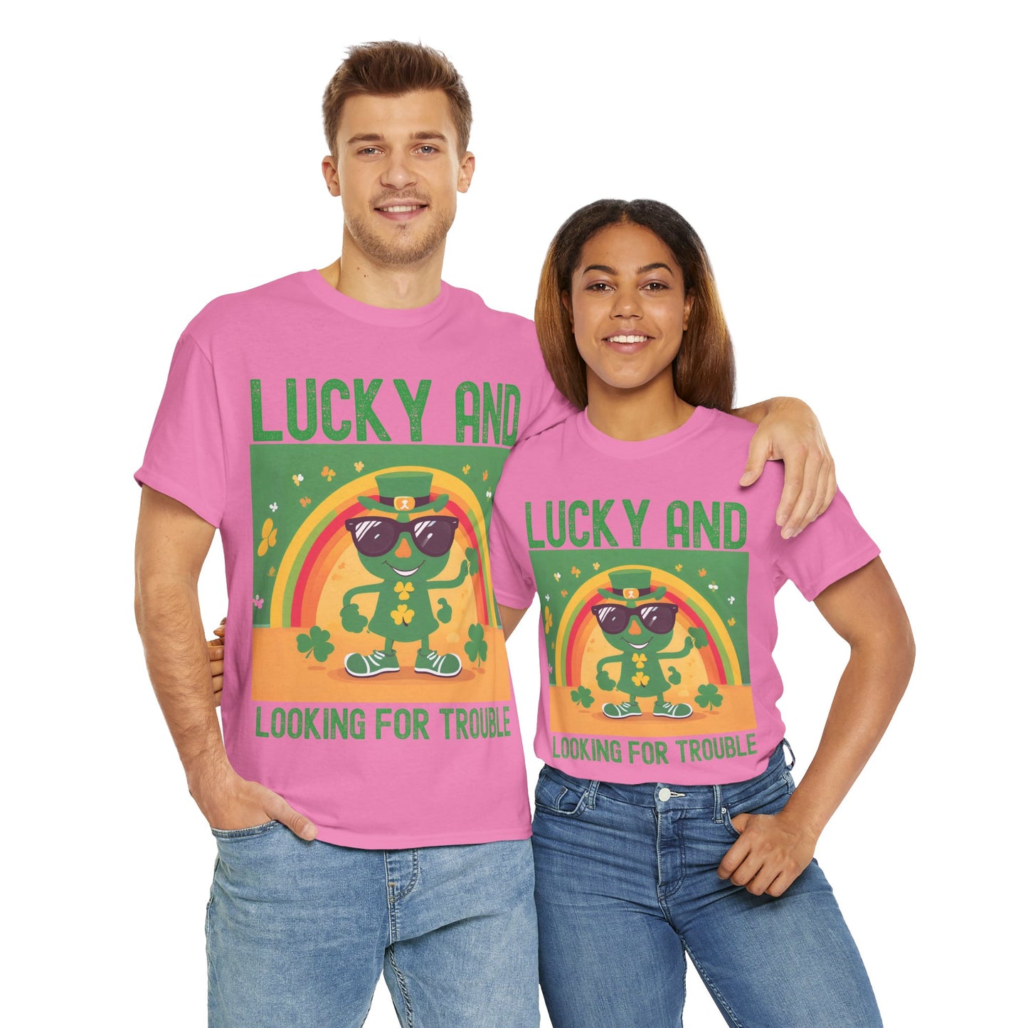 Lucky and Looking for Trouble Unisex Heavy Cotton Tee - Perfect for St. Patrick's Day Fun!