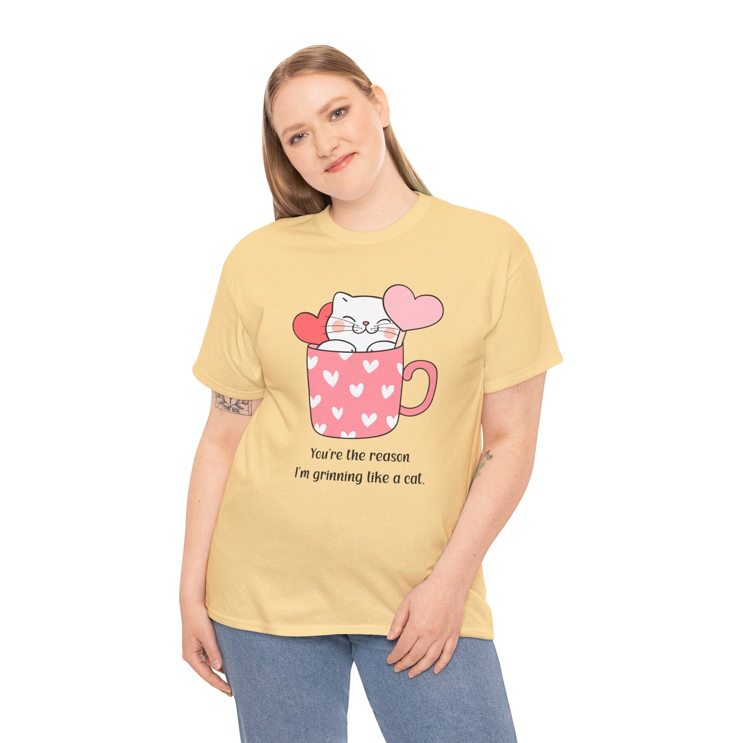 Cute Cat Love Unisex Heavy Cotton Tee - You're the Reason I’m Grinning Like a Cat!