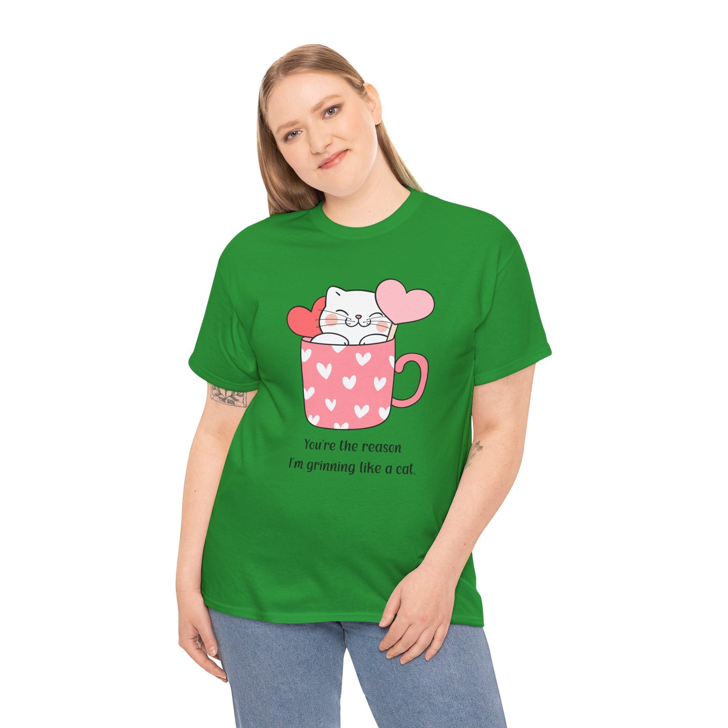 Cute Cat Love Unisex Heavy Cotton Tee - You're the Reason I’m Grinning Like a Cat!