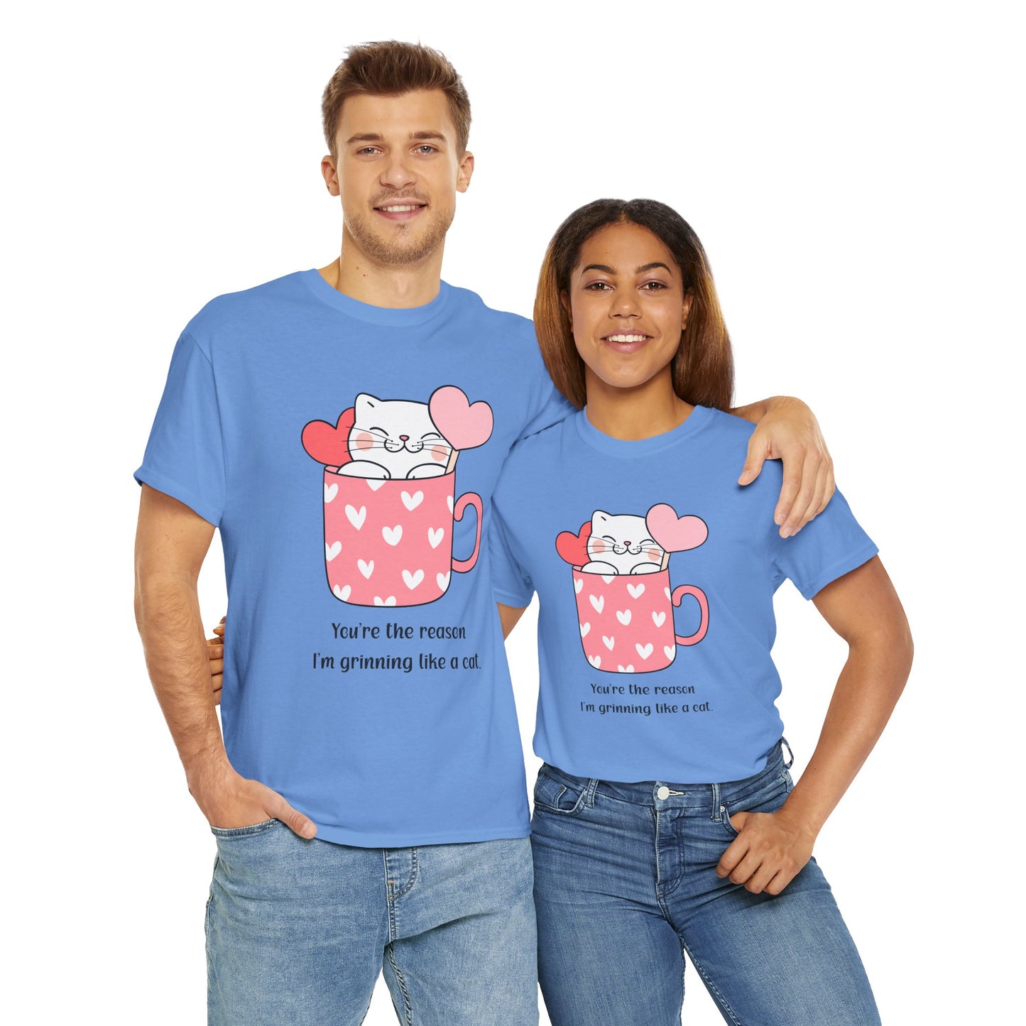 Cute Cat Love Unisex Heavy Cotton Tee - You're the Reason I’m Grinning Like a Cat!