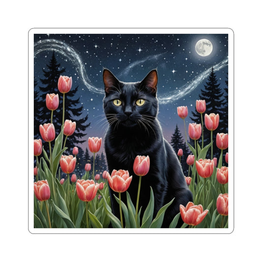Black Cat and Tulips at night, inspired by Van Gogh's Starry Night - Kiss-Cut Vinyl Stickers – Glossy Indoor Decor | White & Transparent Options