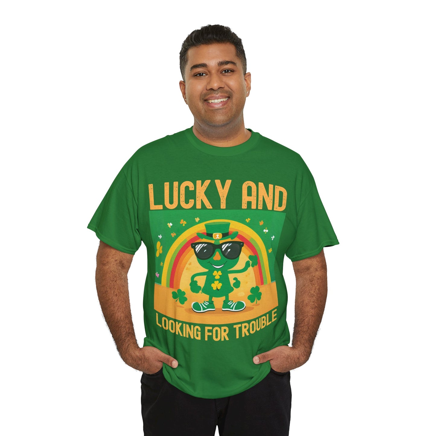 Lucky and Looking for Trouble Unisex Heavy Cotton Tee - Perfect for St. Patrick's Day Fun!