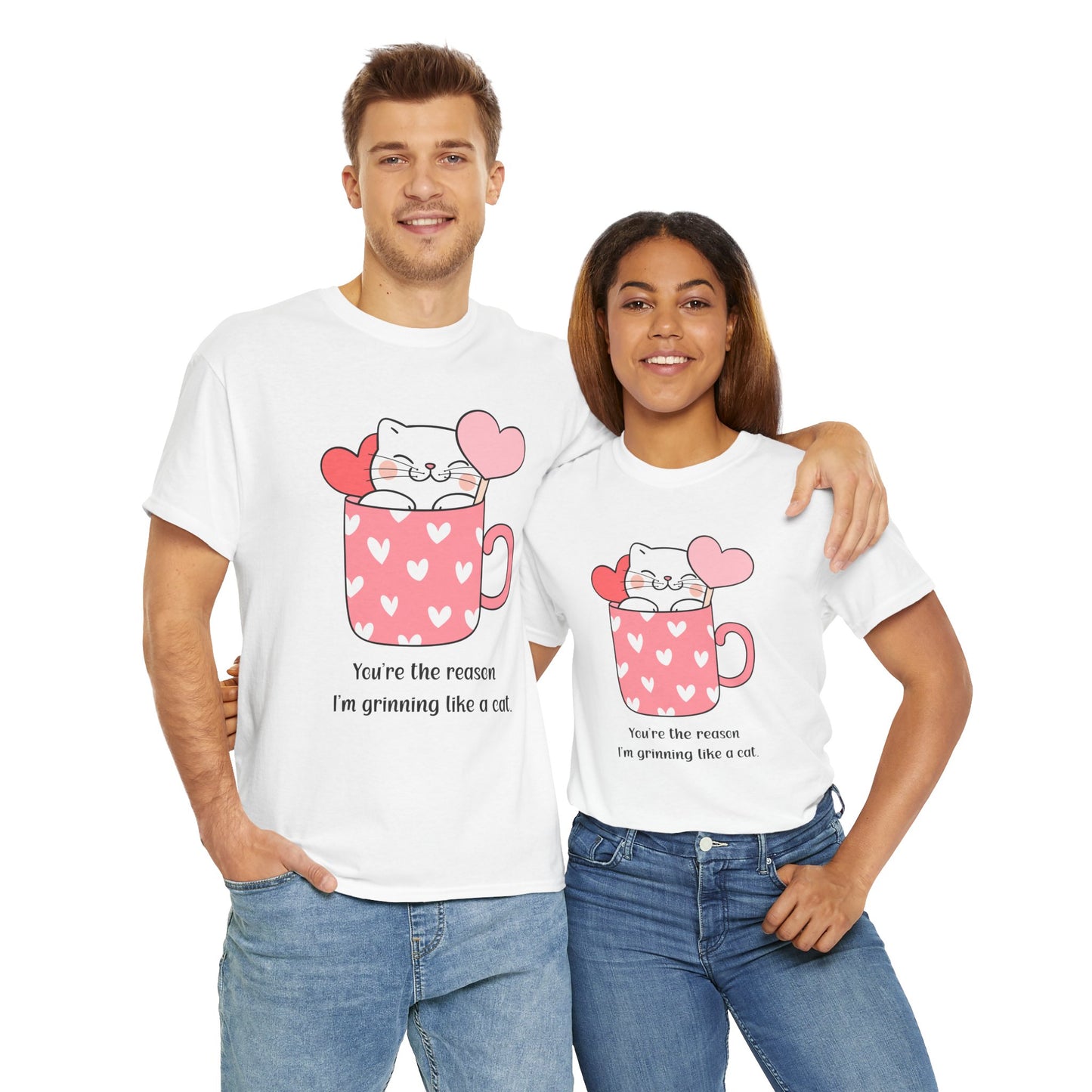 Cute Cat Love Unisex Heavy Cotton Tee - You're the Reason I’m Grinning Like a Cat!