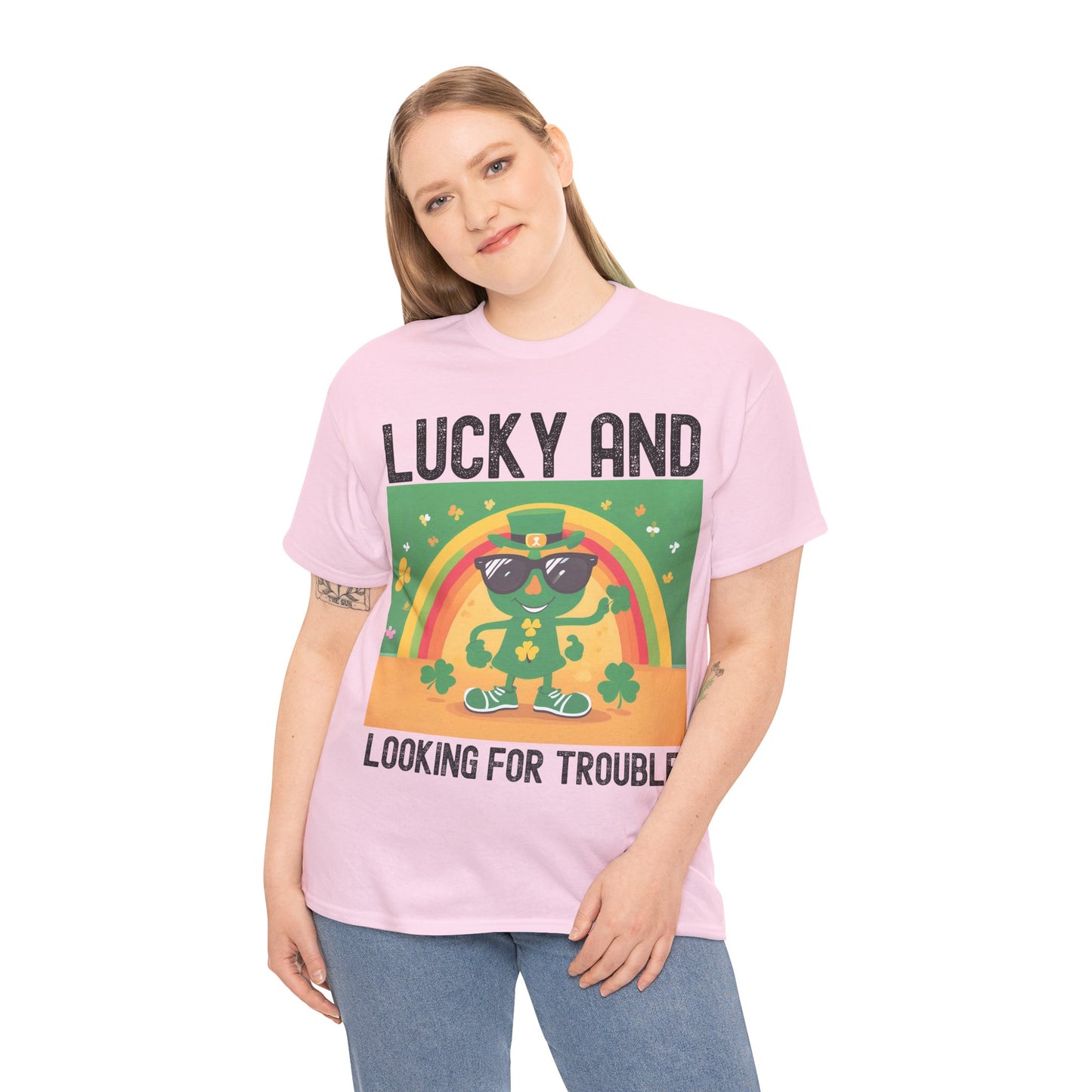 Lucky and Looking for Trouble Unisex Heavy Cotton Tee - Perfect for St. Patrick's Day Fun!