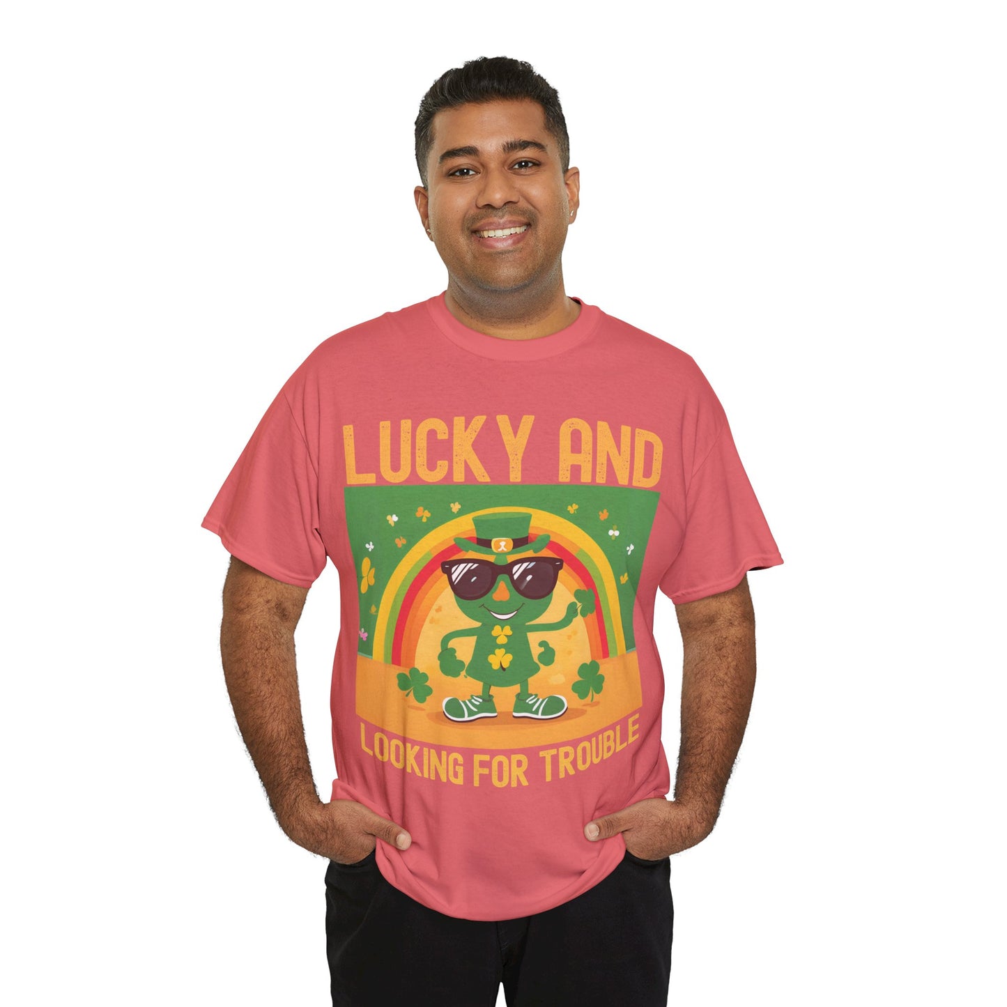 Lucky and Looking for Trouble Unisex Heavy Cotton Tee - Perfect for St. Patrick's Day Fun!