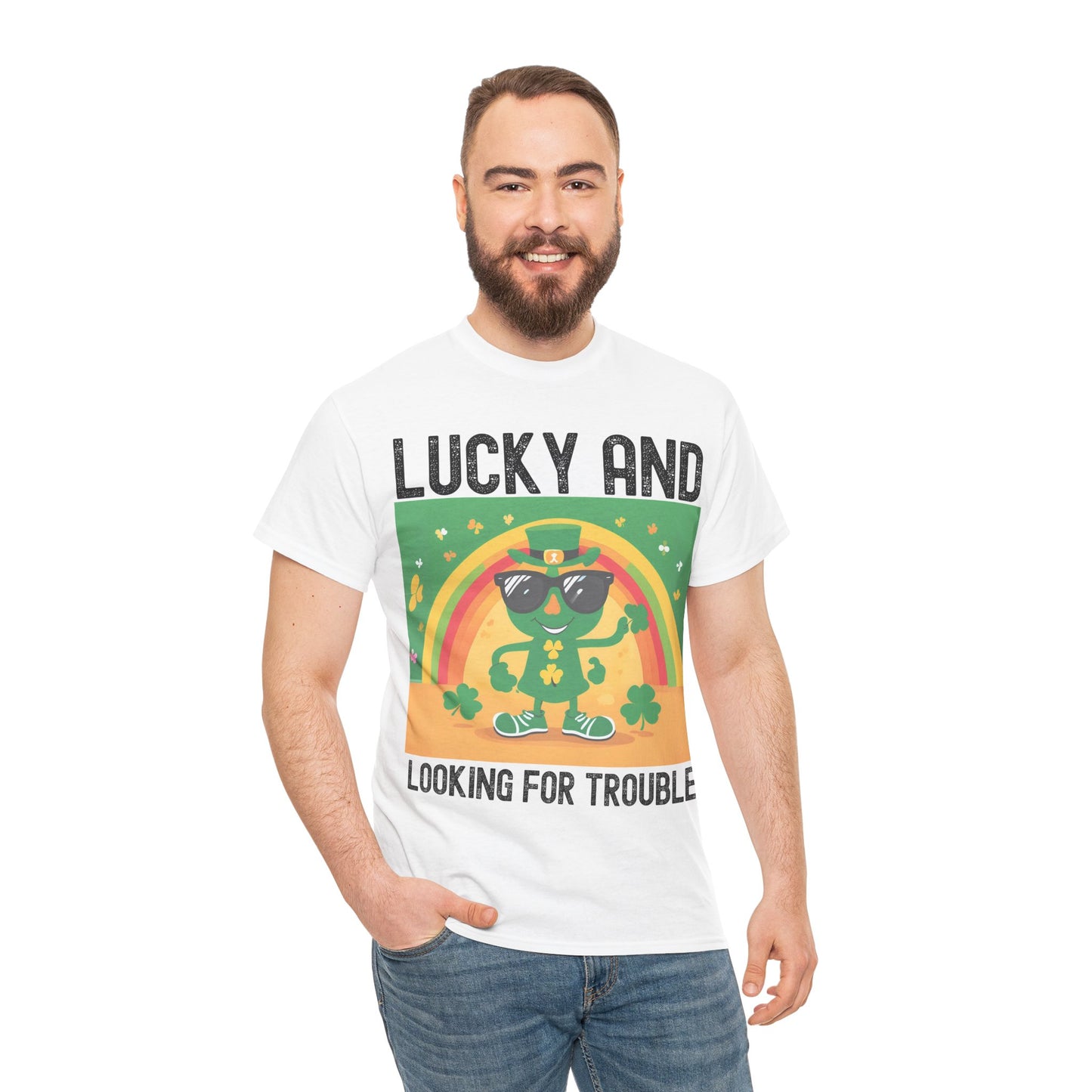 Lucky and Looking for Trouble Unisex Heavy Cotton Tee - Perfect for St. Patrick's Day Fun!