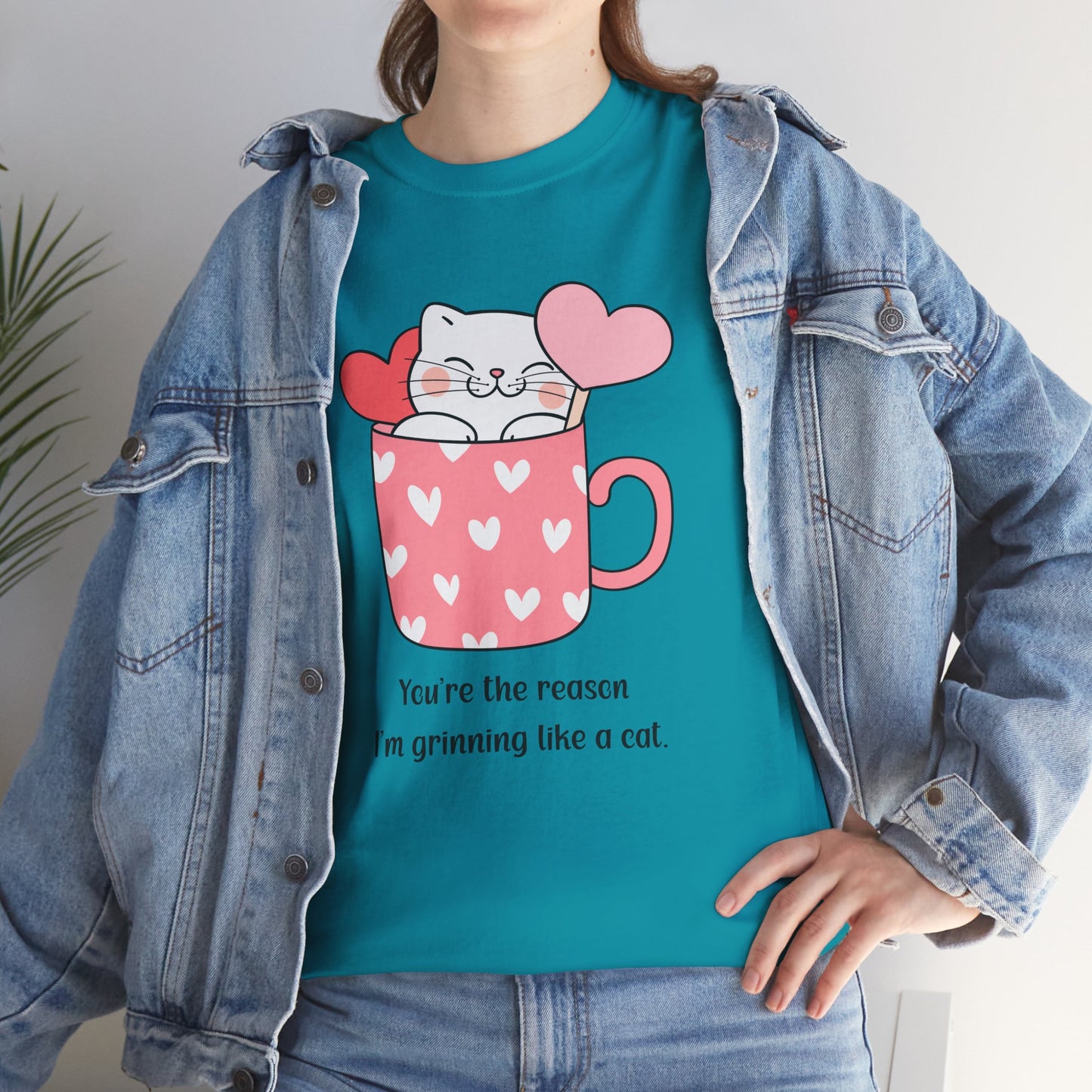 Cute Cat Love Unisex Heavy Cotton Tee - You're the Reason I’m Grinning Like a Cat!