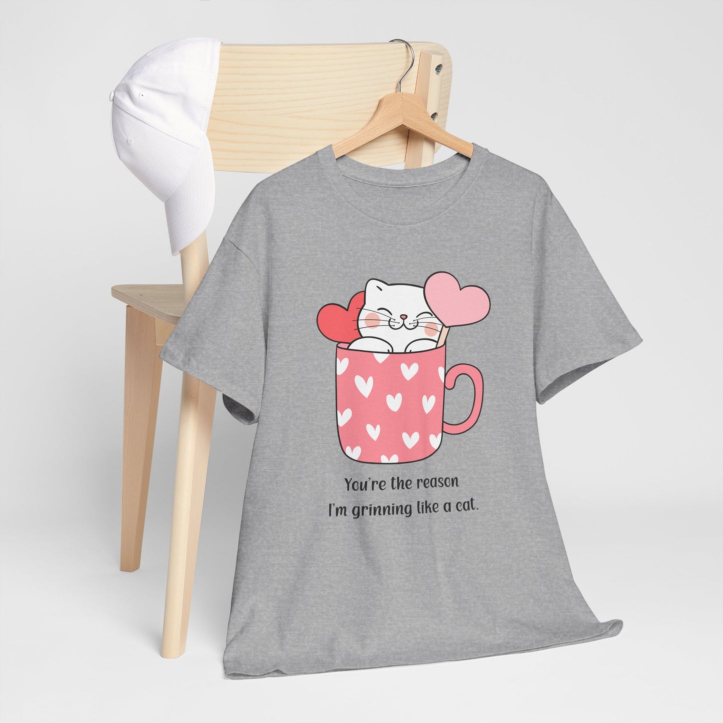 Cute Cat Love Unisex Heavy Cotton Tee - You're the Reason I’m Grinning Like a Cat!