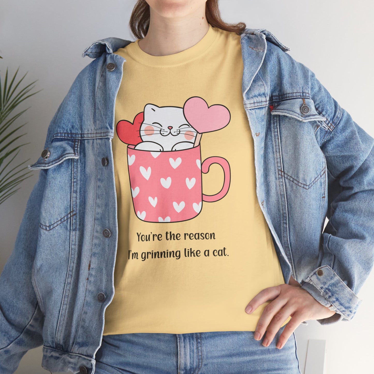 Cute Cat Love Unisex Heavy Cotton Tee - You're the Reason I’m Grinning Like a Cat!