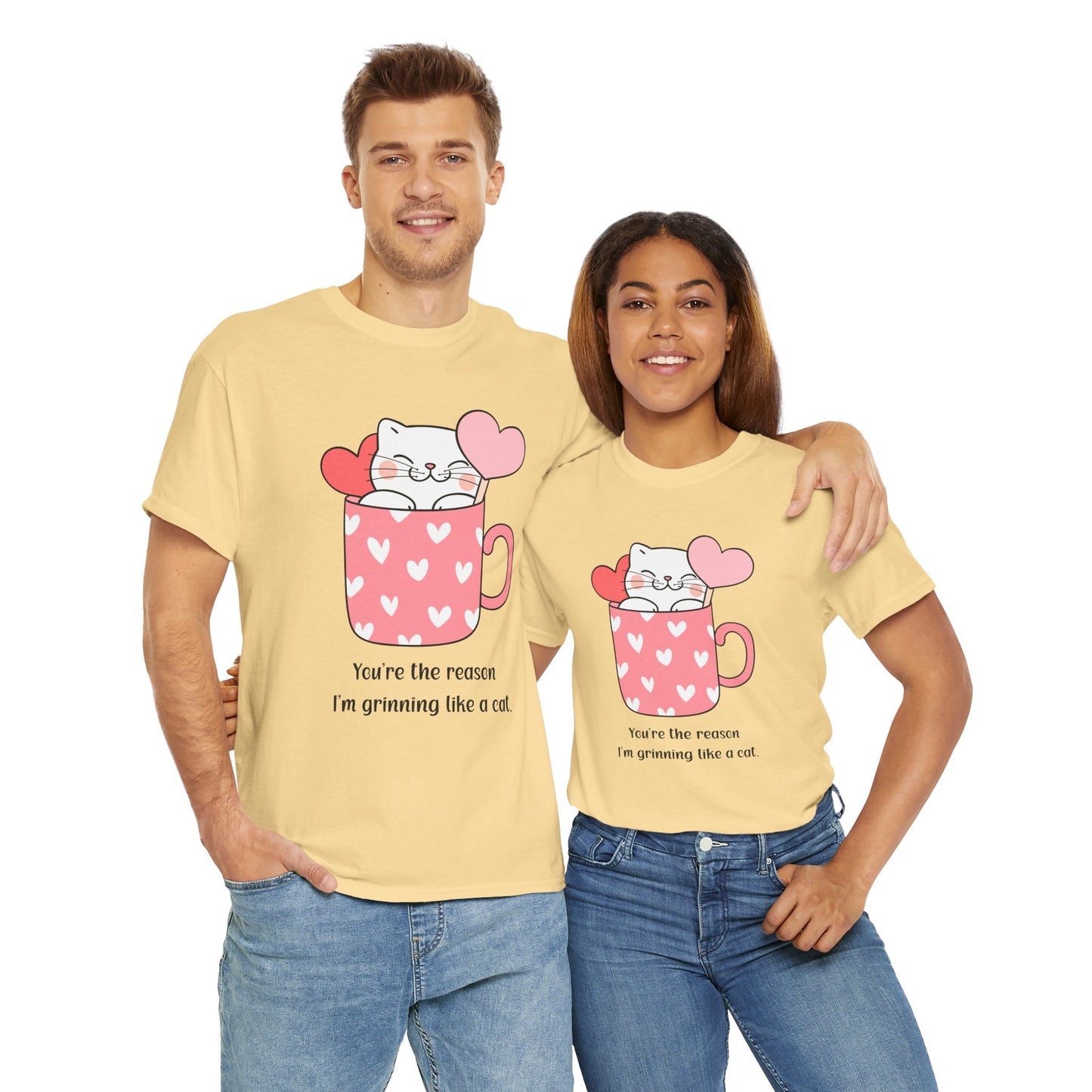 Cute Cat Love Unisex Heavy Cotton Tee - You're the Reason I’m Grinning Like a Cat!