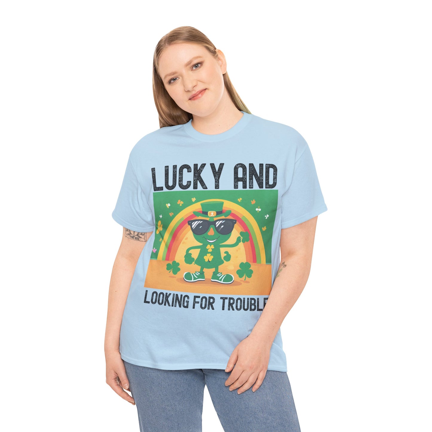 Lucky and Looking for Trouble Unisex Heavy Cotton Tee - Perfect for St. Patrick's Day Fun!