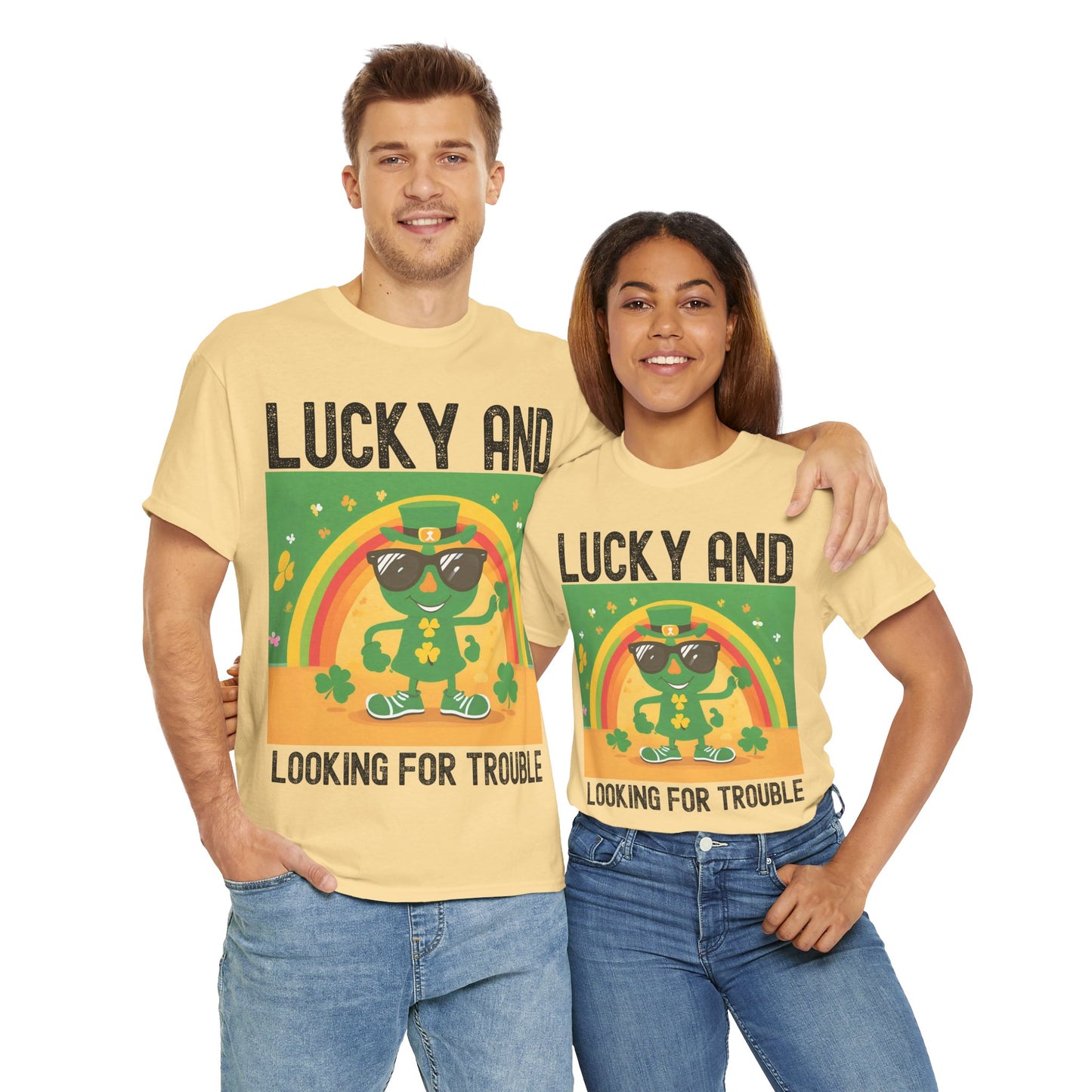 Lucky and Looking for Trouble Unisex Heavy Cotton Tee - Perfect for St. Patrick's Day Fun!