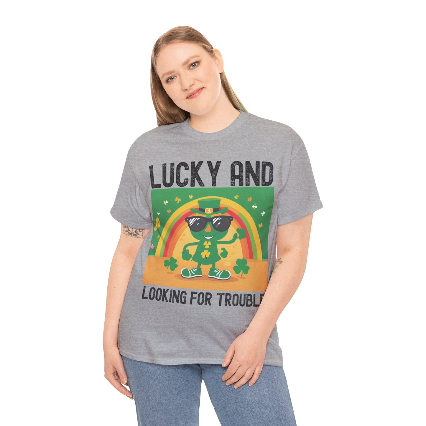 Lucky and Looking for Trouble Unisex Heavy Cotton Tee - Perfect for St. Patrick's Day Fun!