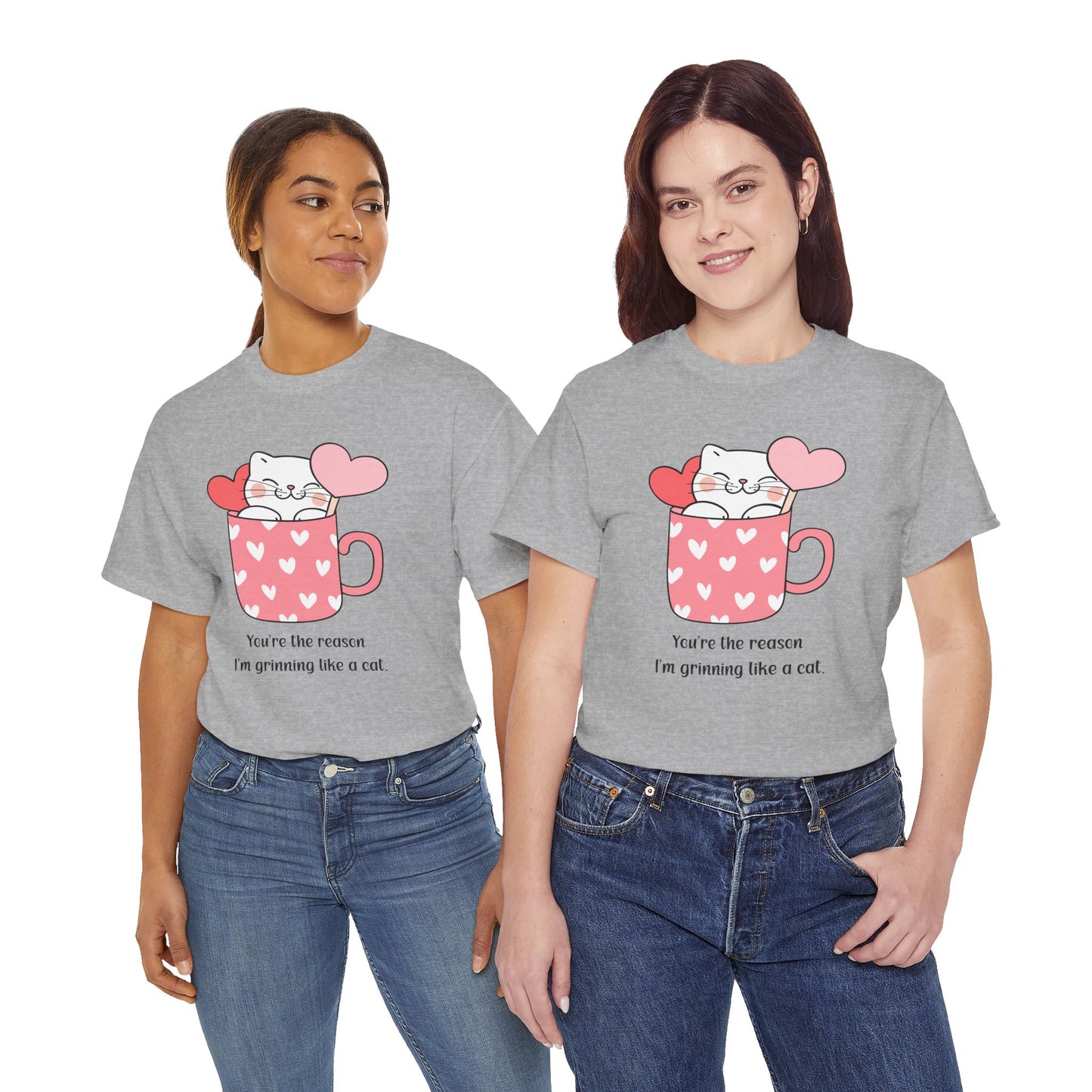 Cute Cat Love Unisex Heavy Cotton Tee - You're the Reason I’m Grinning Like a Cat!