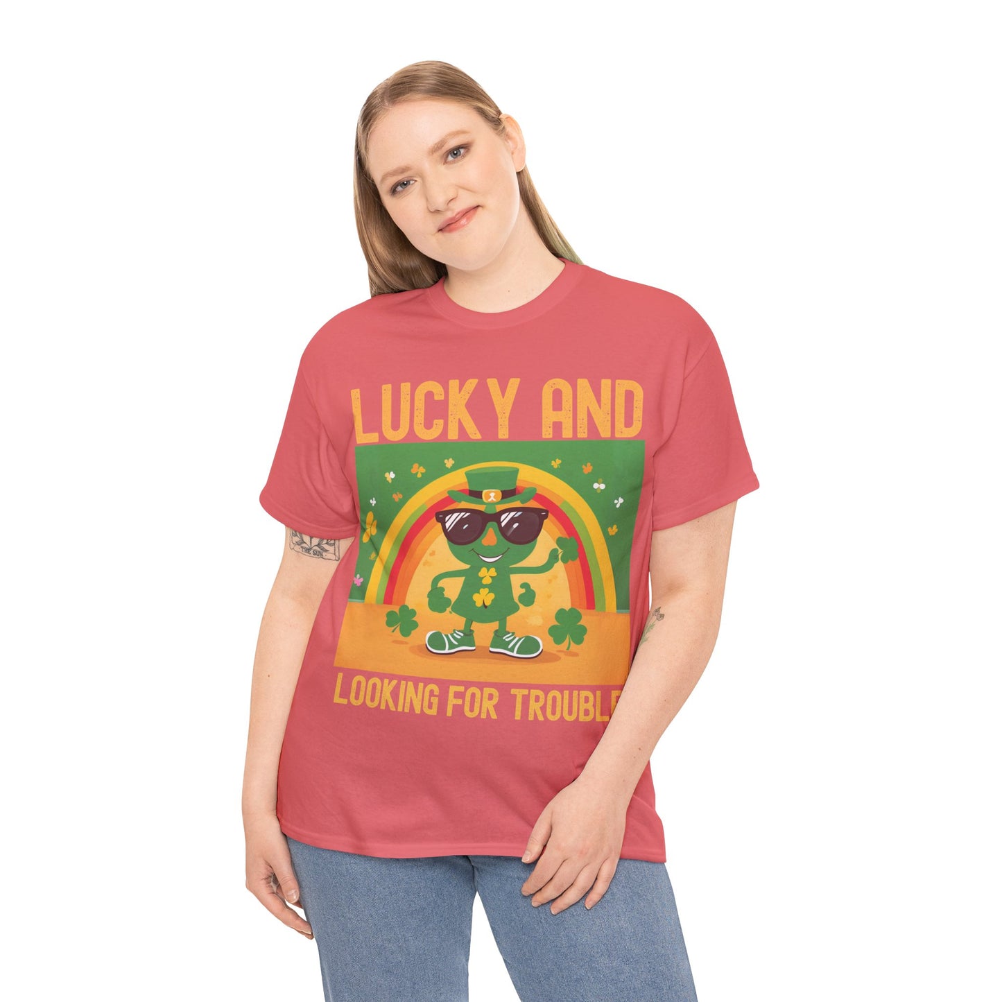 Lucky and Looking for Trouble Unisex Heavy Cotton Tee - Perfect for St. Patrick's Day Fun!