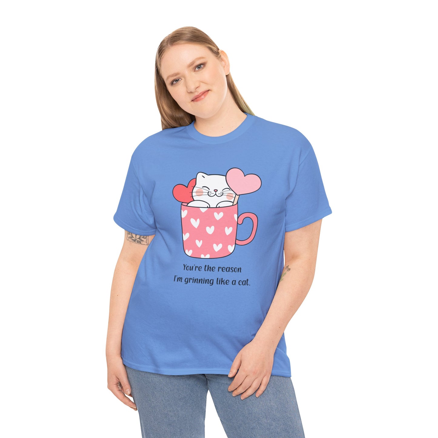 Cute Cat Love Unisex Heavy Cotton Tee - You're the Reason I’m Grinning Like a Cat!