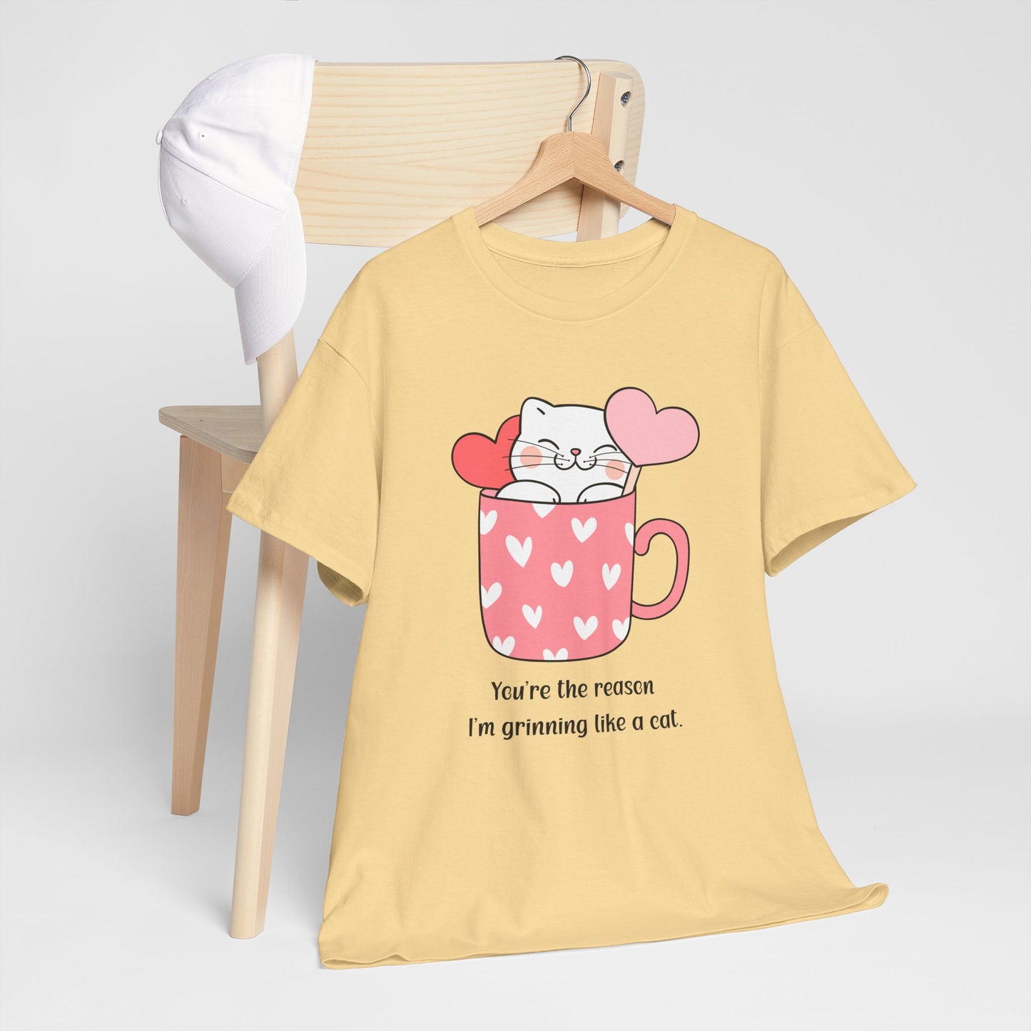 Cute Cat Love Unisex Heavy Cotton Tee - You're the Reason I’m Grinning Like a Cat!