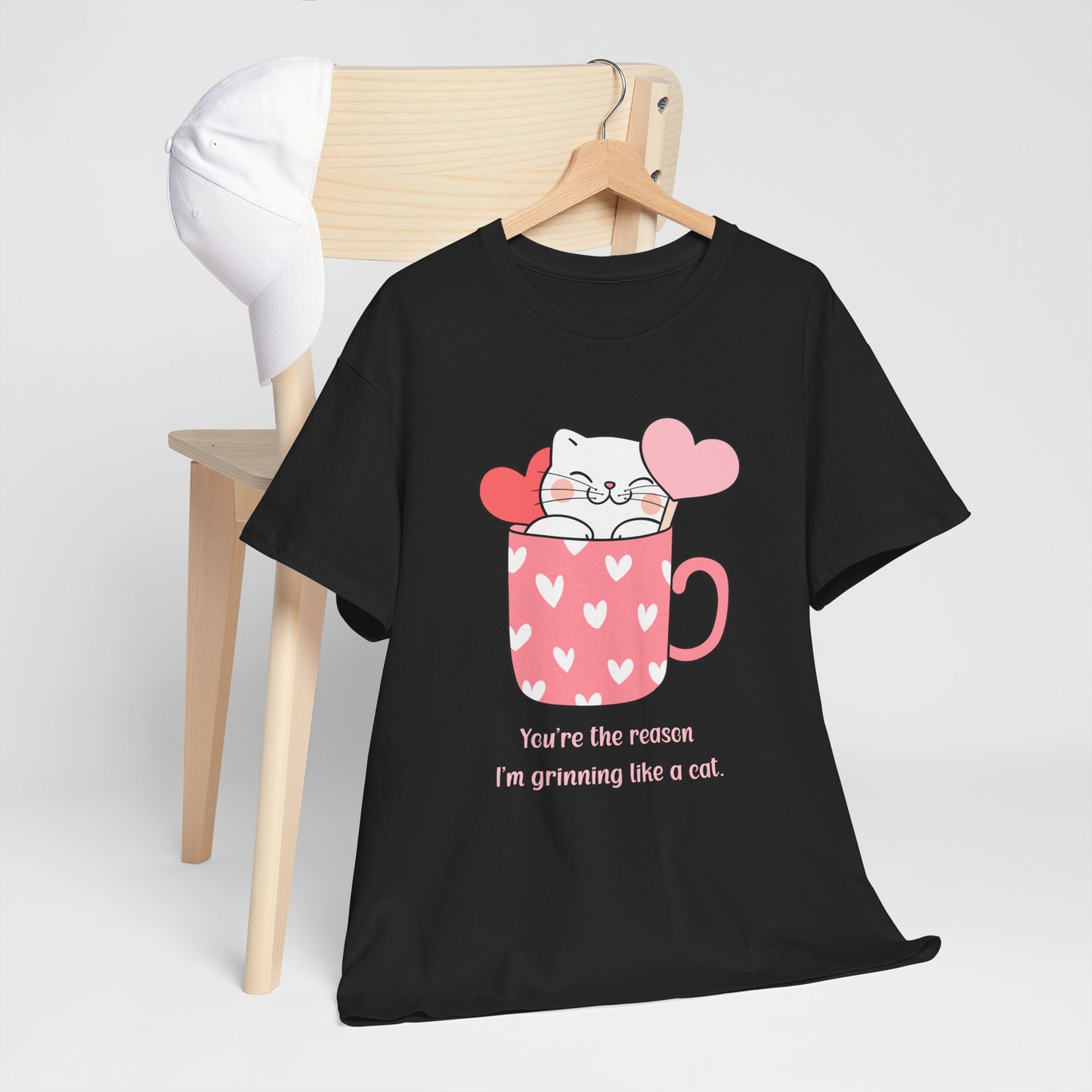 Cute Cat Love Unisex Heavy Cotton Tee - You're the Reason I’m Grinning Like a Cat!