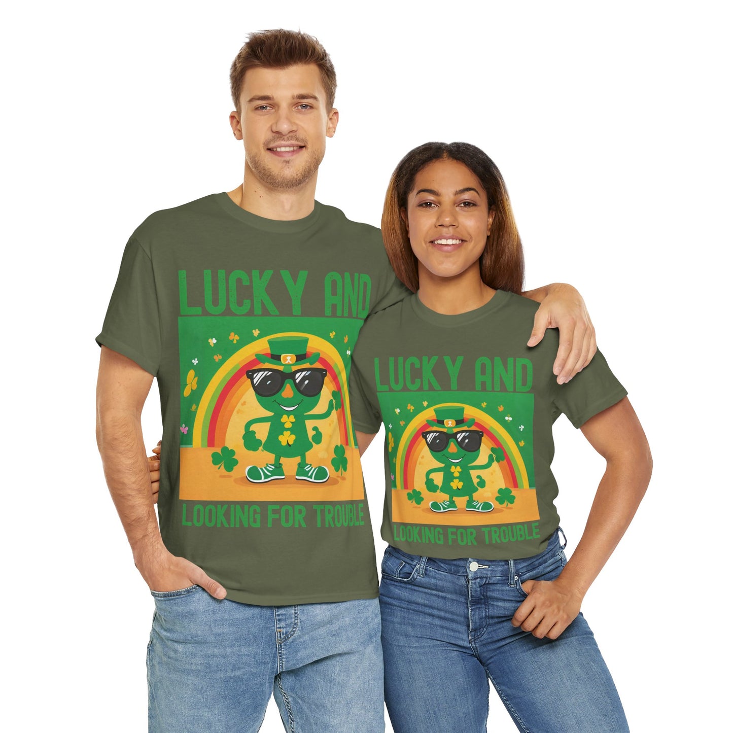 Lucky and Looking for Trouble Unisex Heavy Cotton Tee - Perfect for St. Patrick's Day Fun!