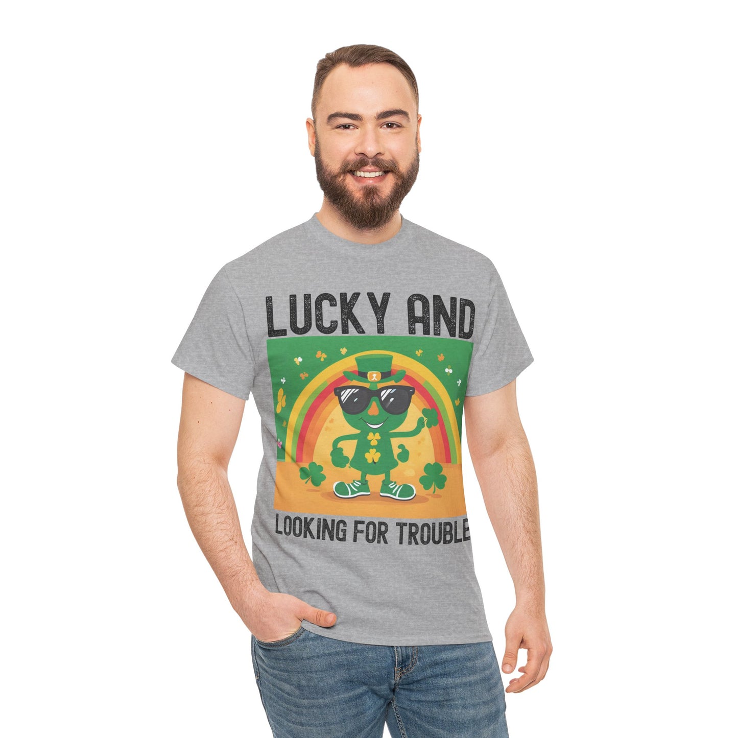 Lucky and Looking for Trouble Unisex Heavy Cotton Tee - Perfect for St. Patrick's Day Fun!