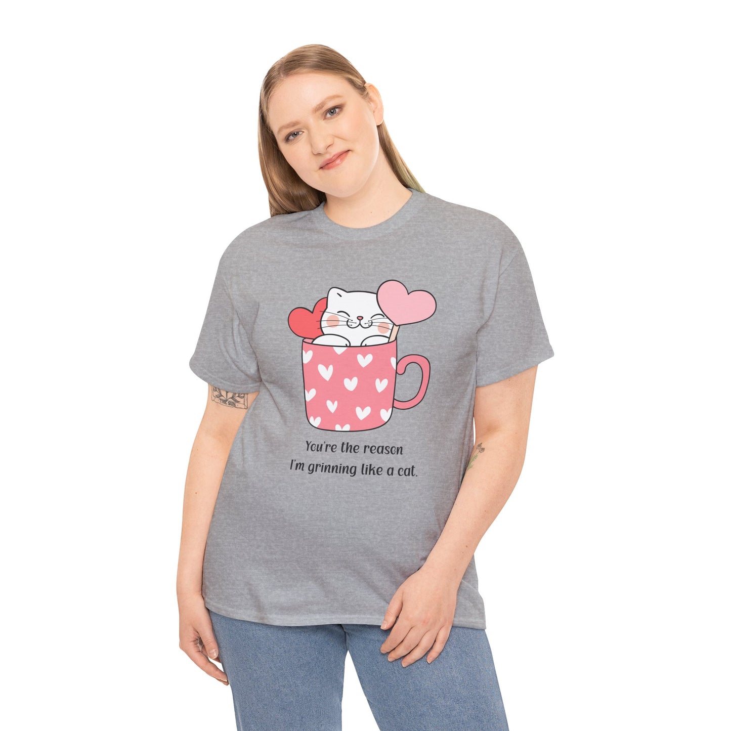 Cute Cat Love Unisex Heavy Cotton Tee - You're the Reason I’m Grinning Like a Cat!