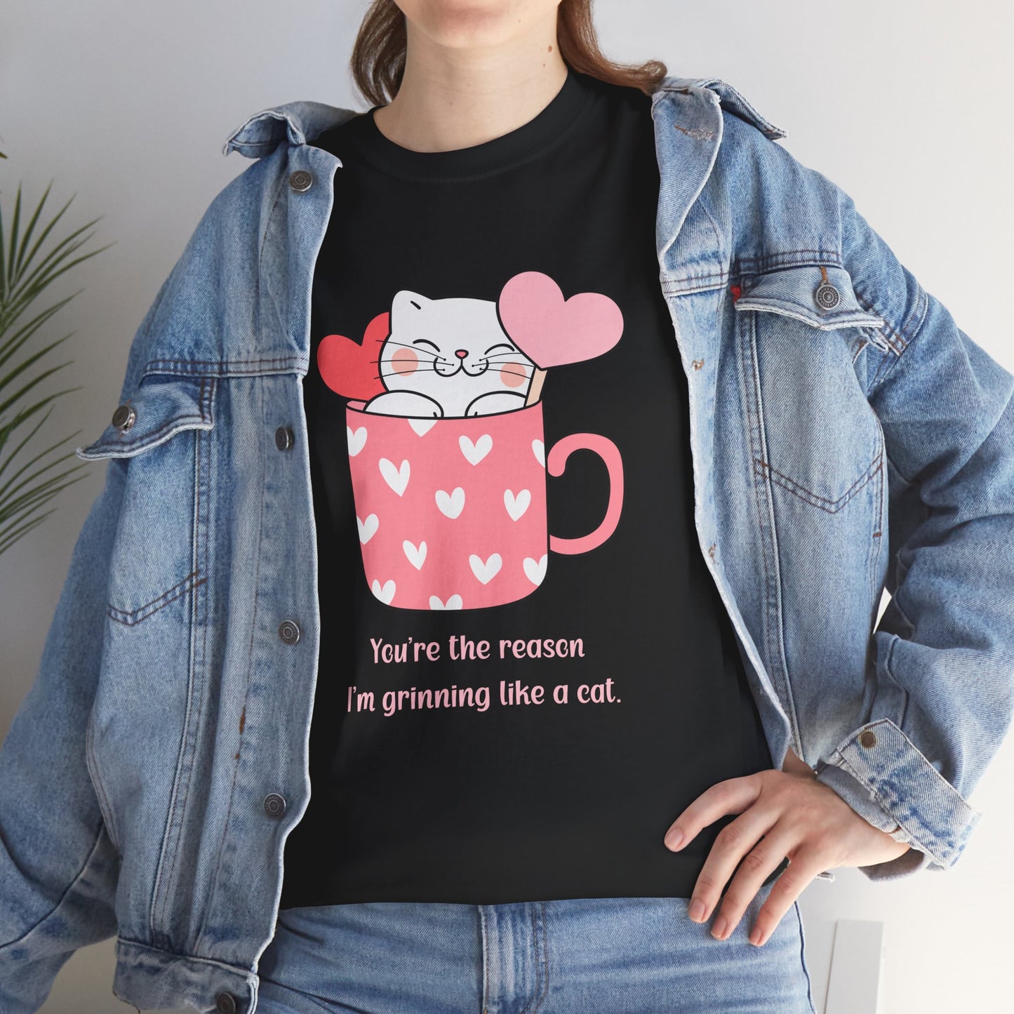 Cute Cat Love Unisex Heavy Cotton Tee - You're the Reason I’m Grinning Like a Cat!