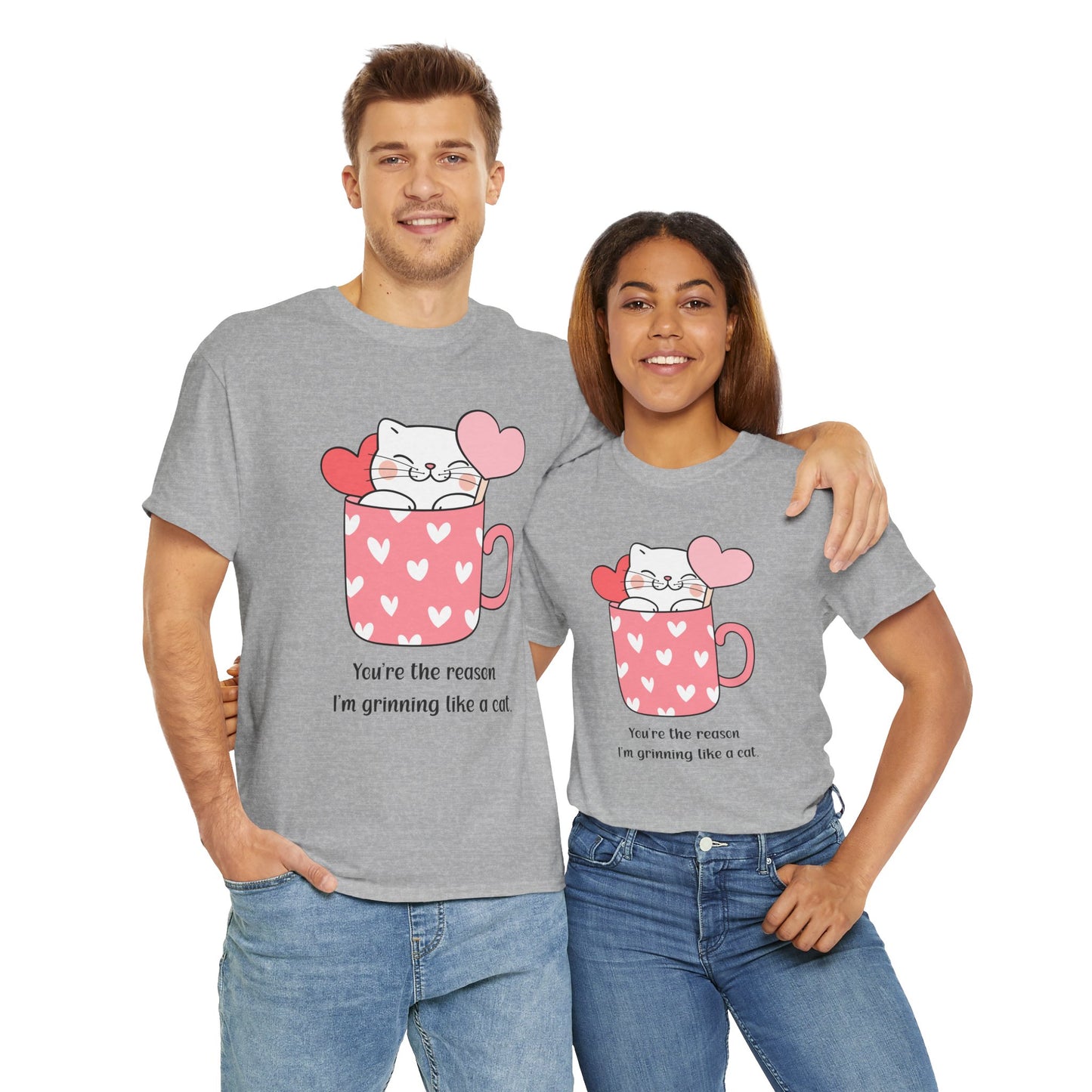 Cute Cat Love Unisex Heavy Cotton Tee - You're the Reason I’m Grinning Like a Cat!