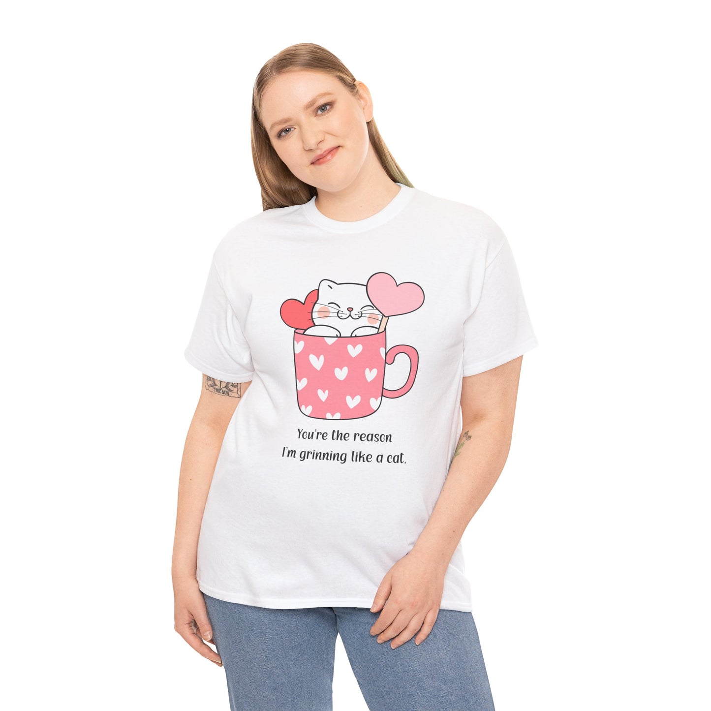 Cute Cat Love Unisex Heavy Cotton Tee - You're the Reason I’m Grinning Like a Cat!