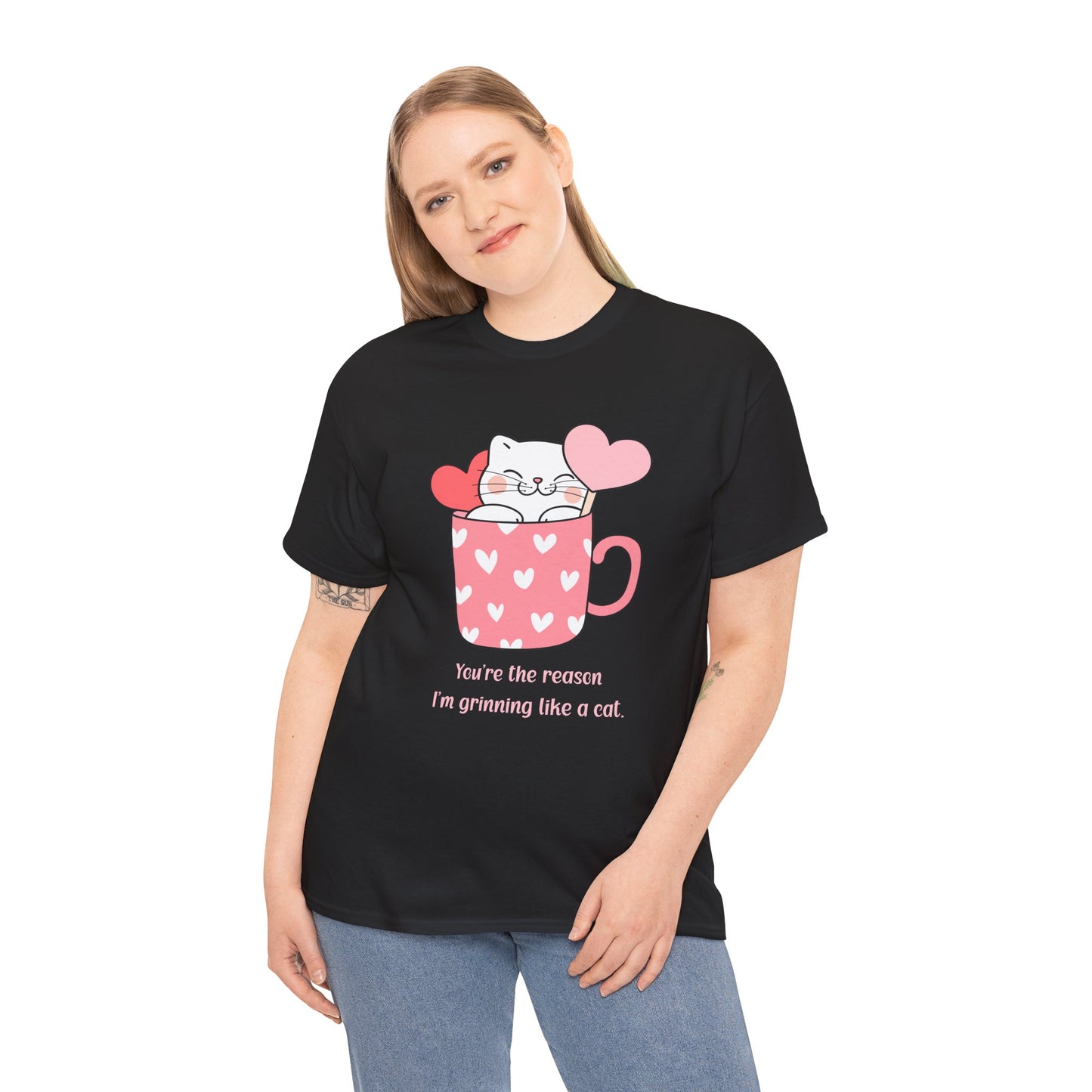 Cute Cat Love Unisex Heavy Cotton Tee - You're the Reason I’m Grinning Like a Cat!