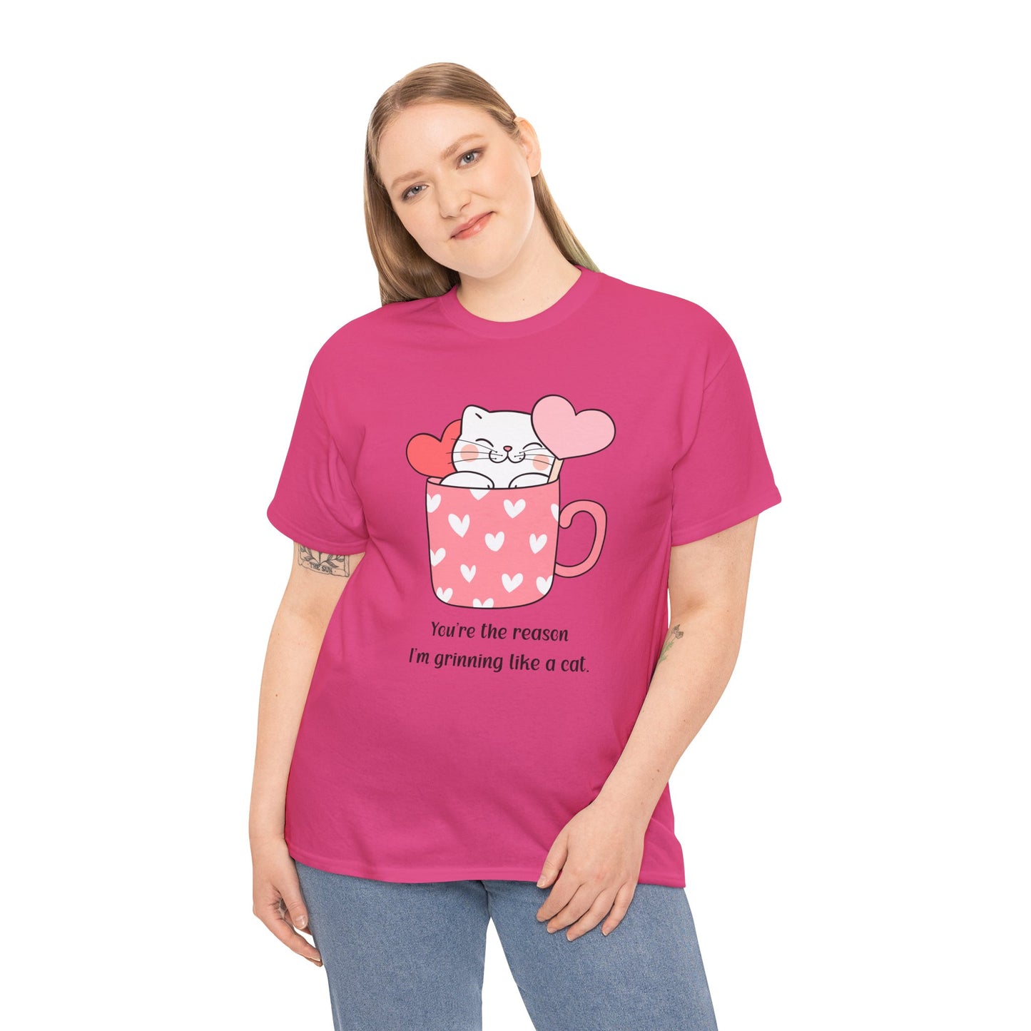 Cute Cat Love Unisex Heavy Cotton Tee - You're the Reason I’m Grinning Like a Cat!