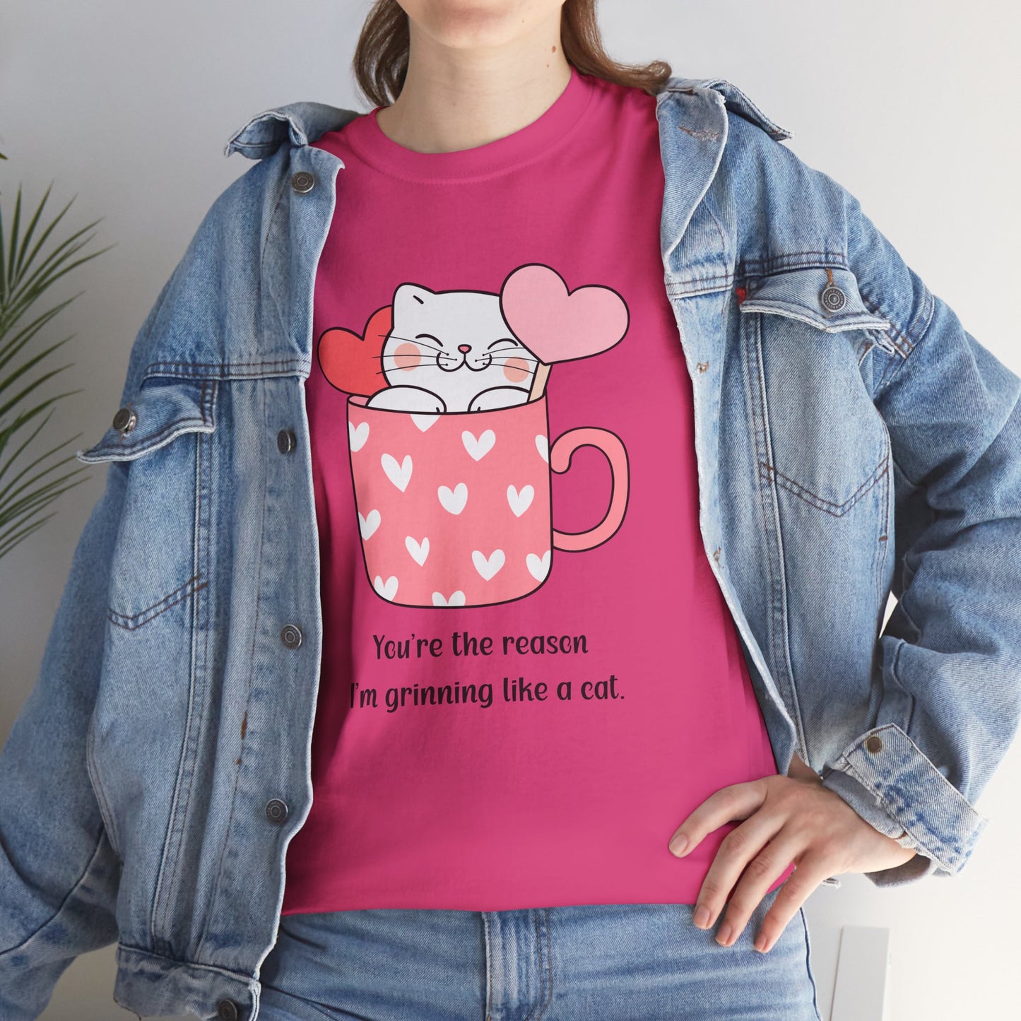 Cute Cat Love Unisex Heavy Cotton Tee - You're the Reason I’m Grinning Like a Cat!