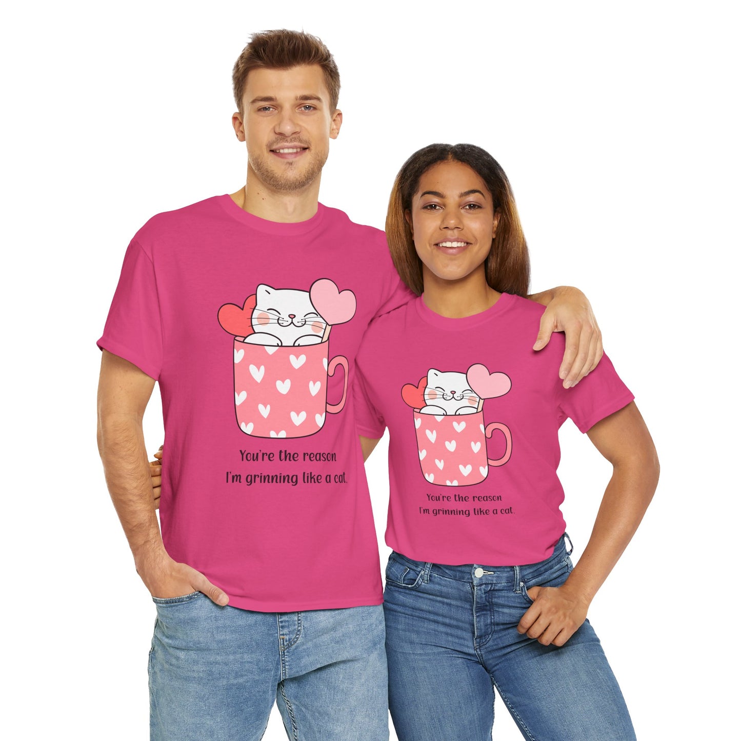 Cute Cat Love Unisex Heavy Cotton Tee - You're the Reason I’m Grinning Like a Cat!