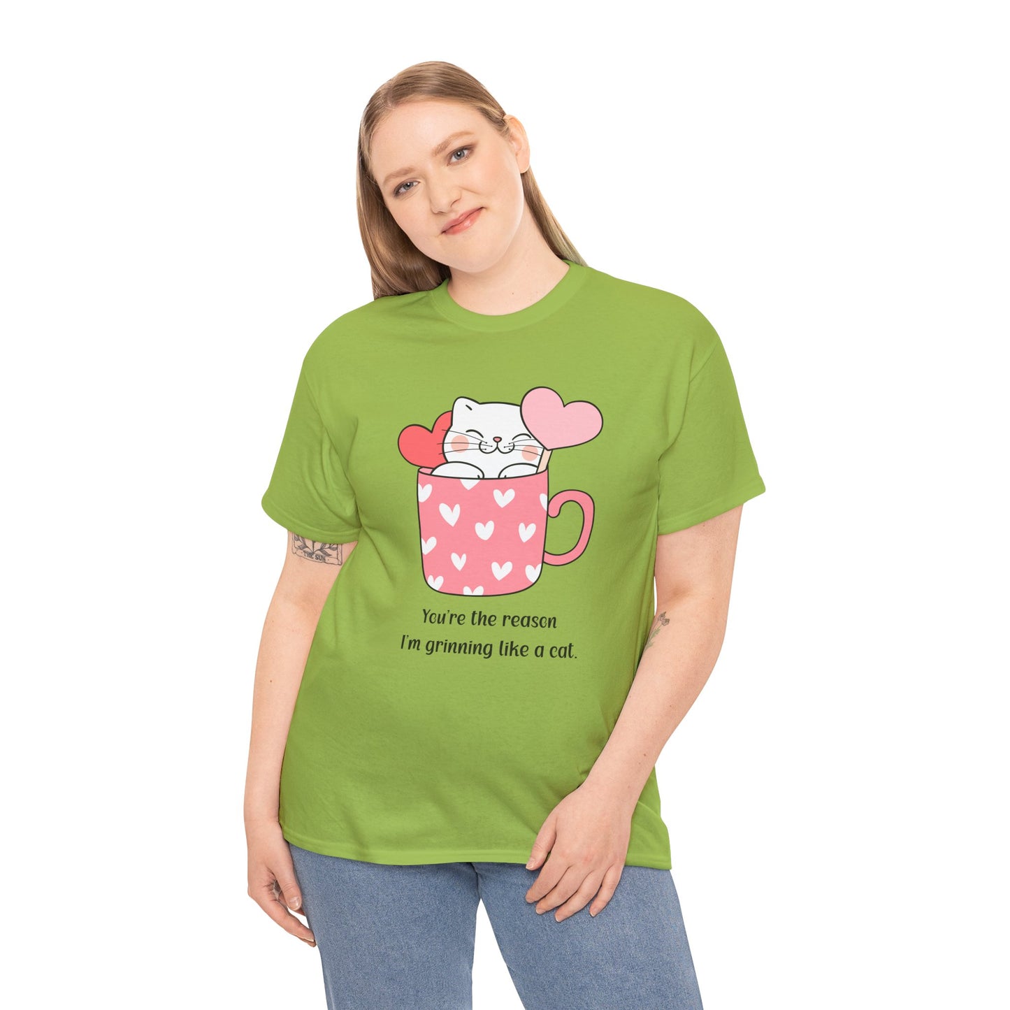 Cute Cat Love Unisex Heavy Cotton Tee - You're the Reason I’m Grinning Like a Cat!