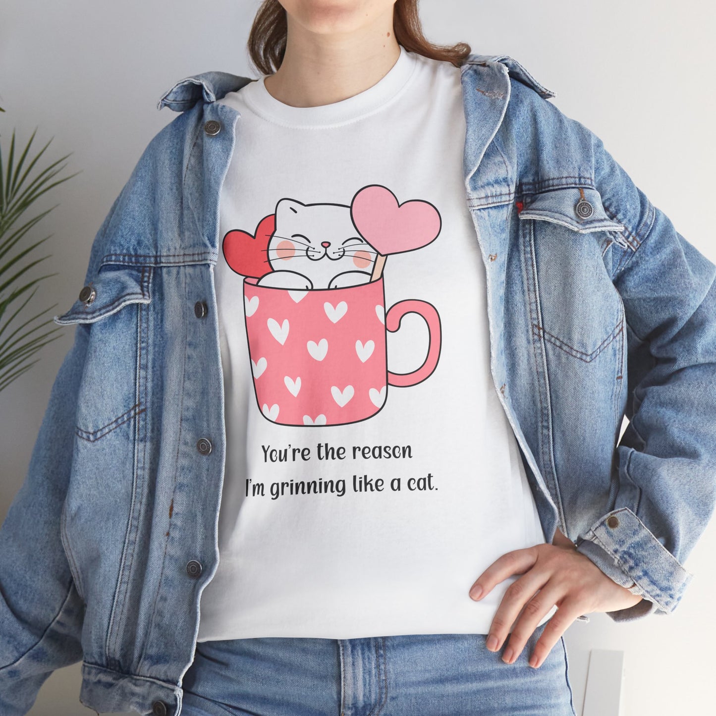 Cute Cat Love Unisex Heavy Cotton Tee - You're the Reason I’m Grinning Like a Cat!