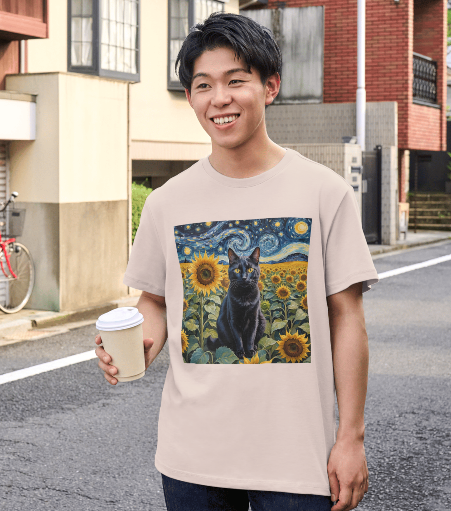 Sunflower Majesty – Cat Van Gogh Style T-Shirt - Unisex Softstyle T-Shirt