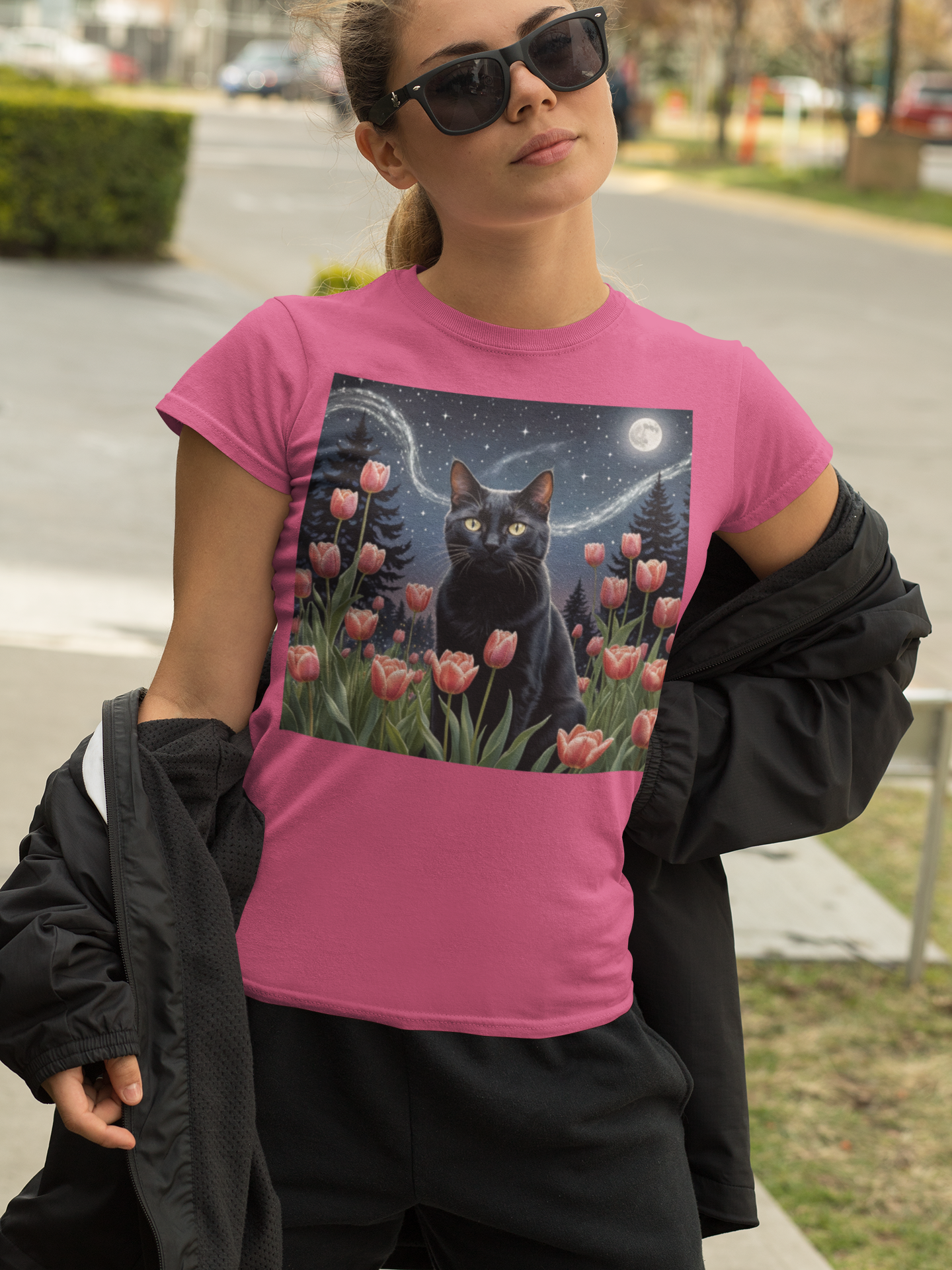 Van Gogh Style Black Cat & Tulips T-Shirt – Whimsical Starry Night Moonlit Garden Tee for Cat Lovers, Unisex Heavy Cotton