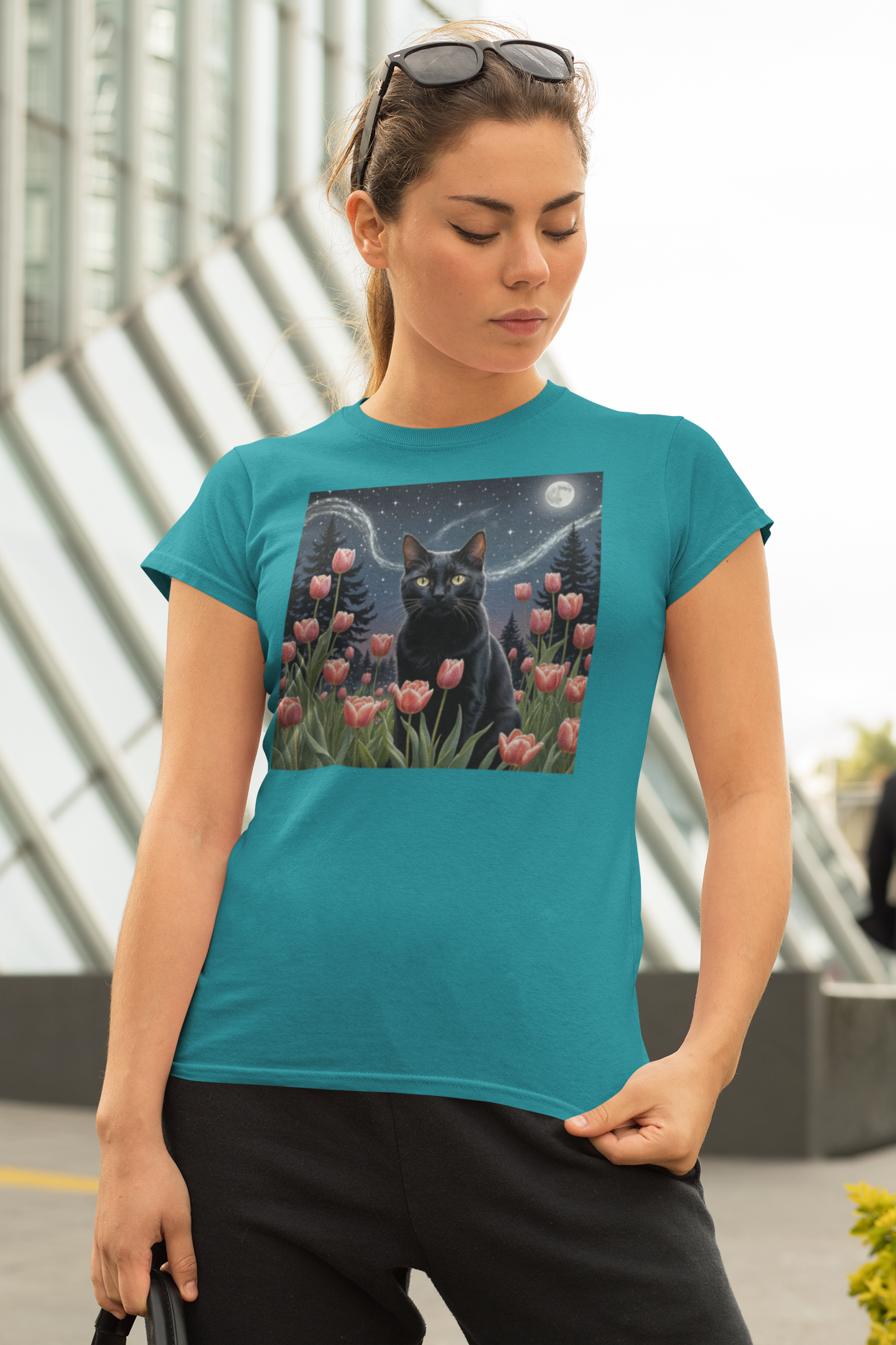 Van Gogh Style Black Cat & Tulips T-Shirt – Whimsical Starry Night Moonlit Garden Tee for Cat Lovers, Unisex Heavy Cotton