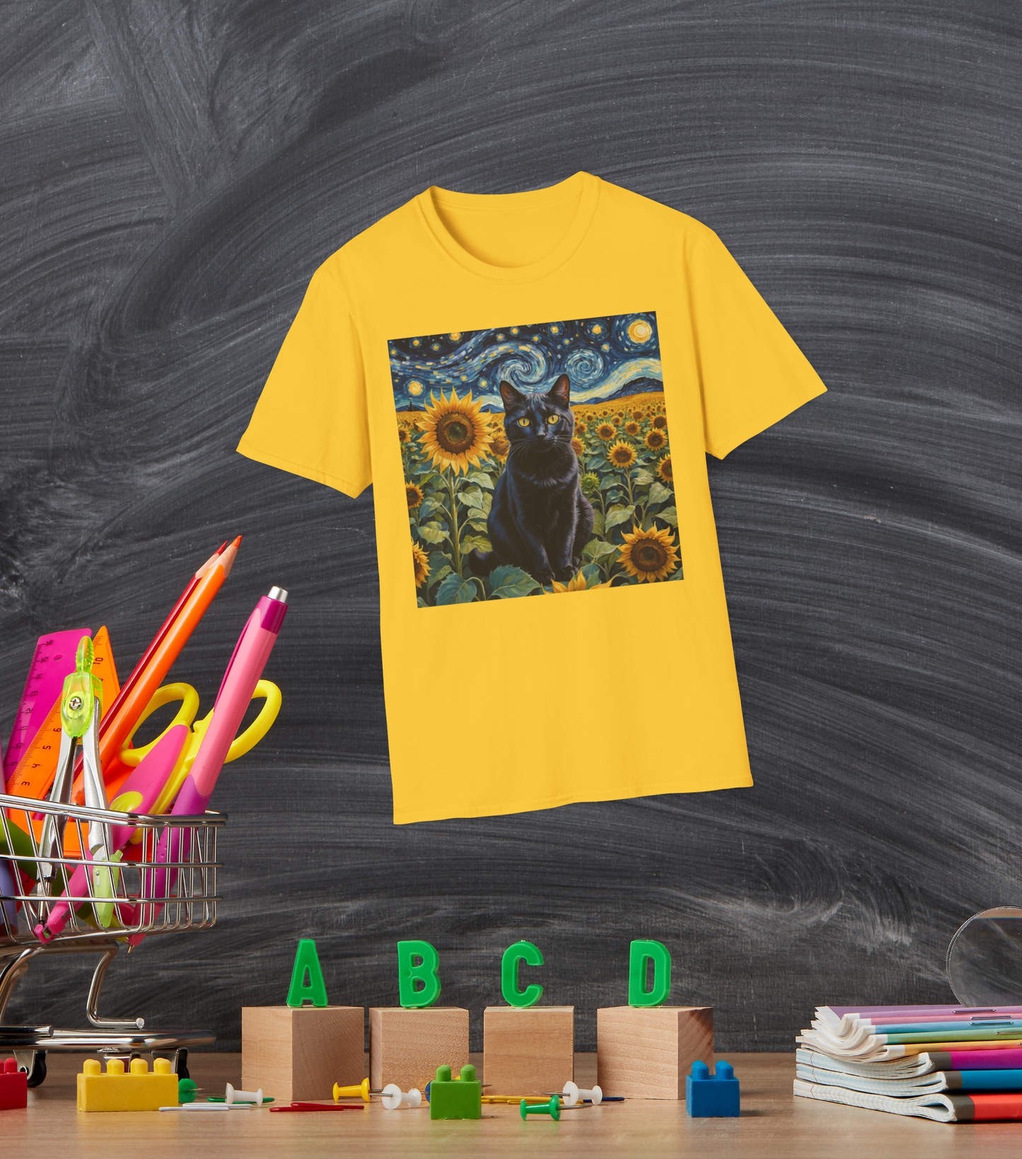 Sunflower Majesty – Cat Van Gogh Style T-Shirt - Unisex Softstyle T-Shirt