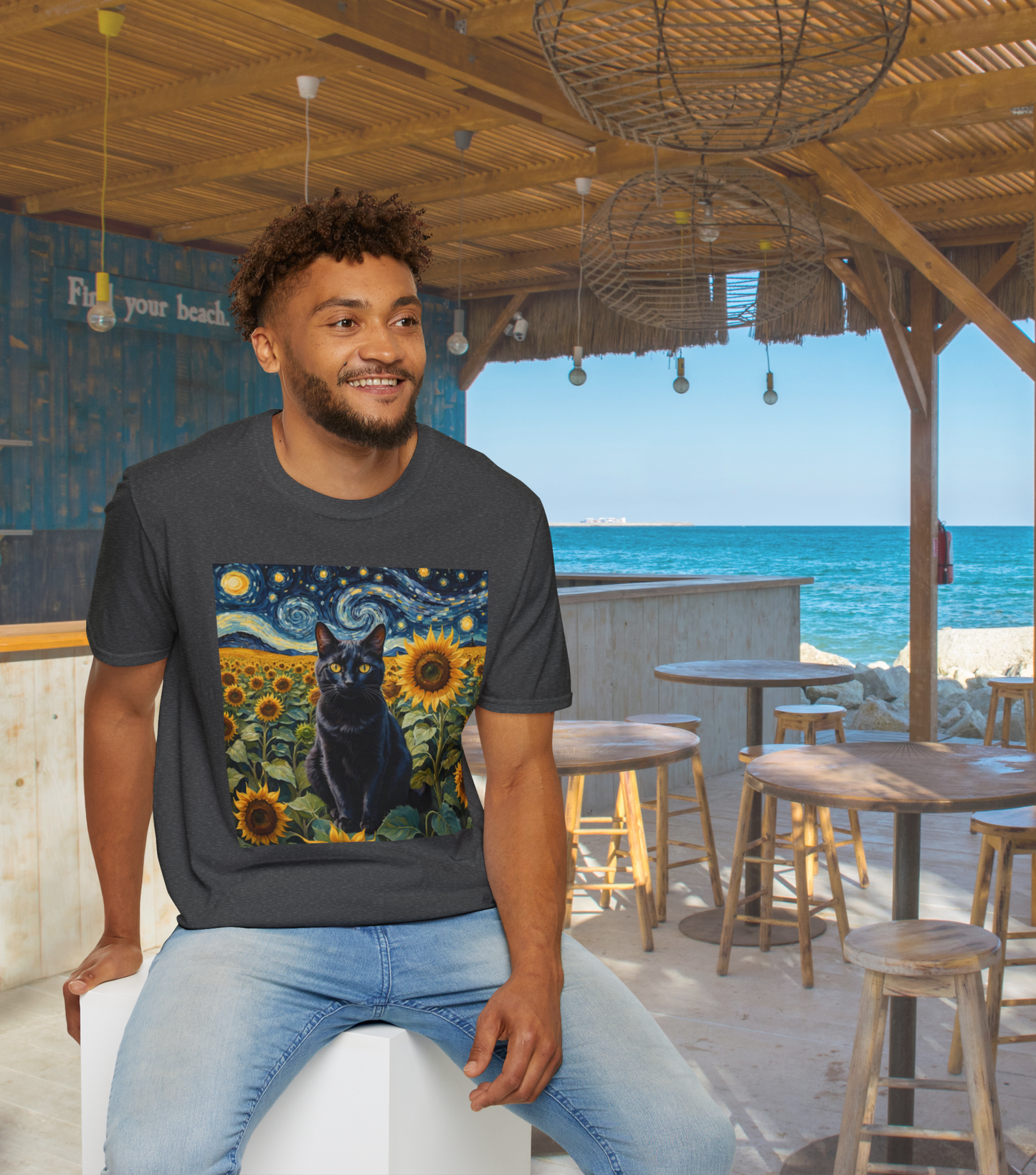 Sunflower Majesty – Cat Van Gogh Style T-Shirt - Unisex Softstyle T-Shirt