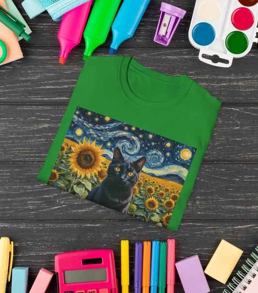 Sunflower Majesty – Cat Van Gogh Style T-Shirt - Unisex Softstyle T-Shirt