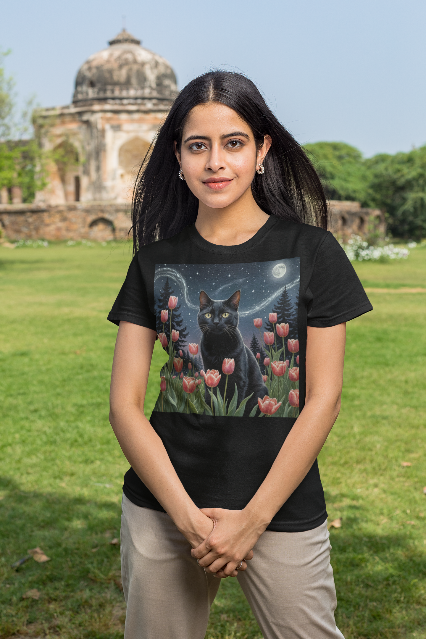 Van Gogh Style Black Cat & Tulips T-Shirt – Whimsical Starry Night Moonlit Garden Tee for Cat Lovers, Unisex Heavy Cotton