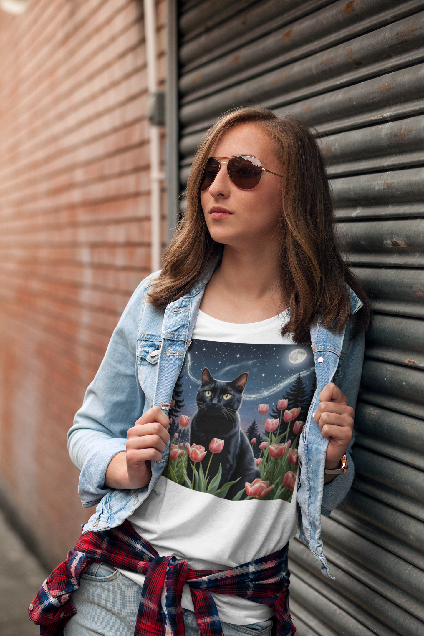 Van Gogh Style Black Cat & Tulips T-Shirt – Whimsical Starry Night Moonlit Garden Tee for Cat Lovers, Unisex Heavy Cotton