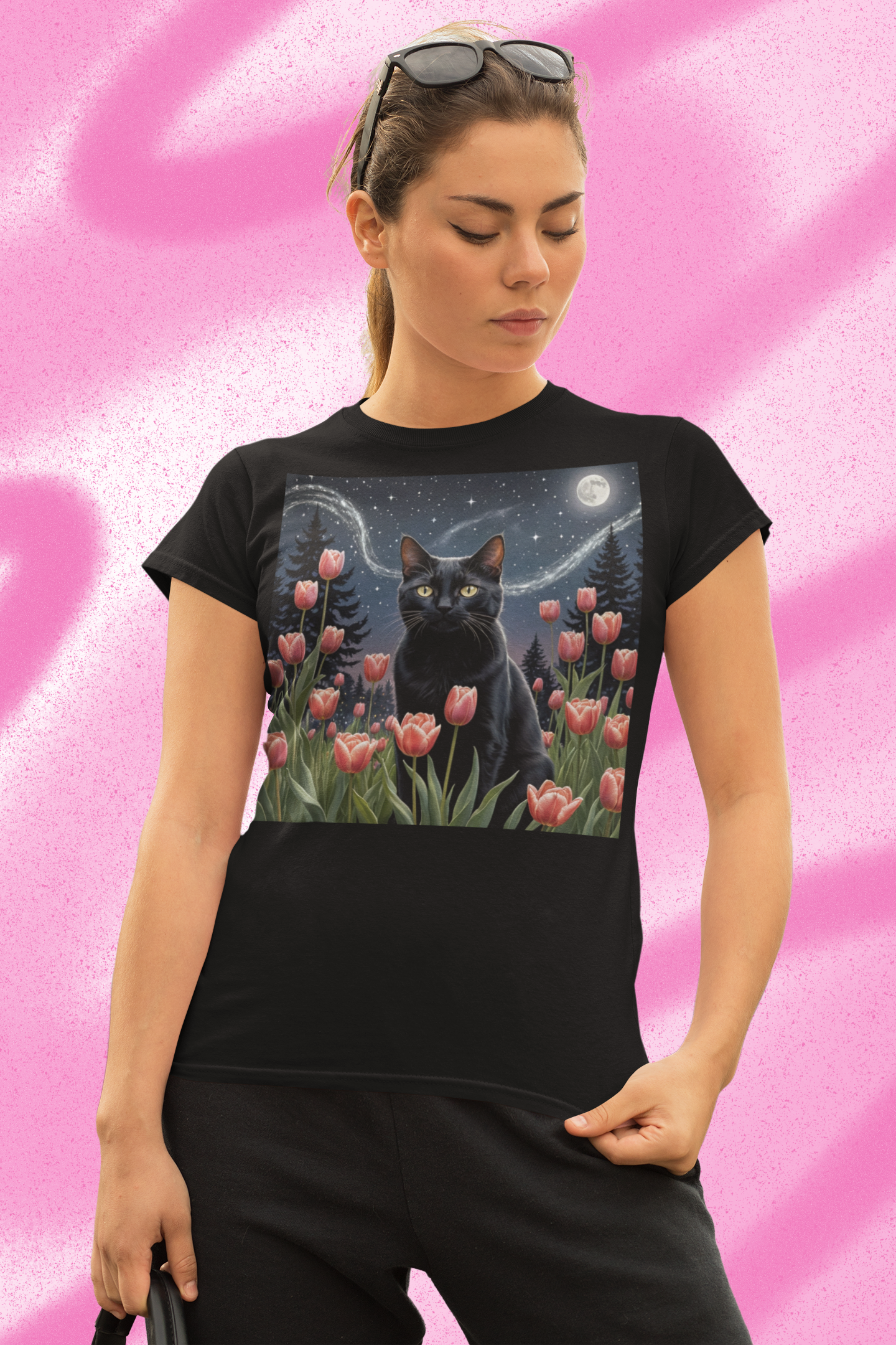 Van Gogh Style Black Cat & Tulips T-Shirt – Whimsical Starry Night Moonlit Garden Tee for Cat Lovers, Unisex Heavy Cotton