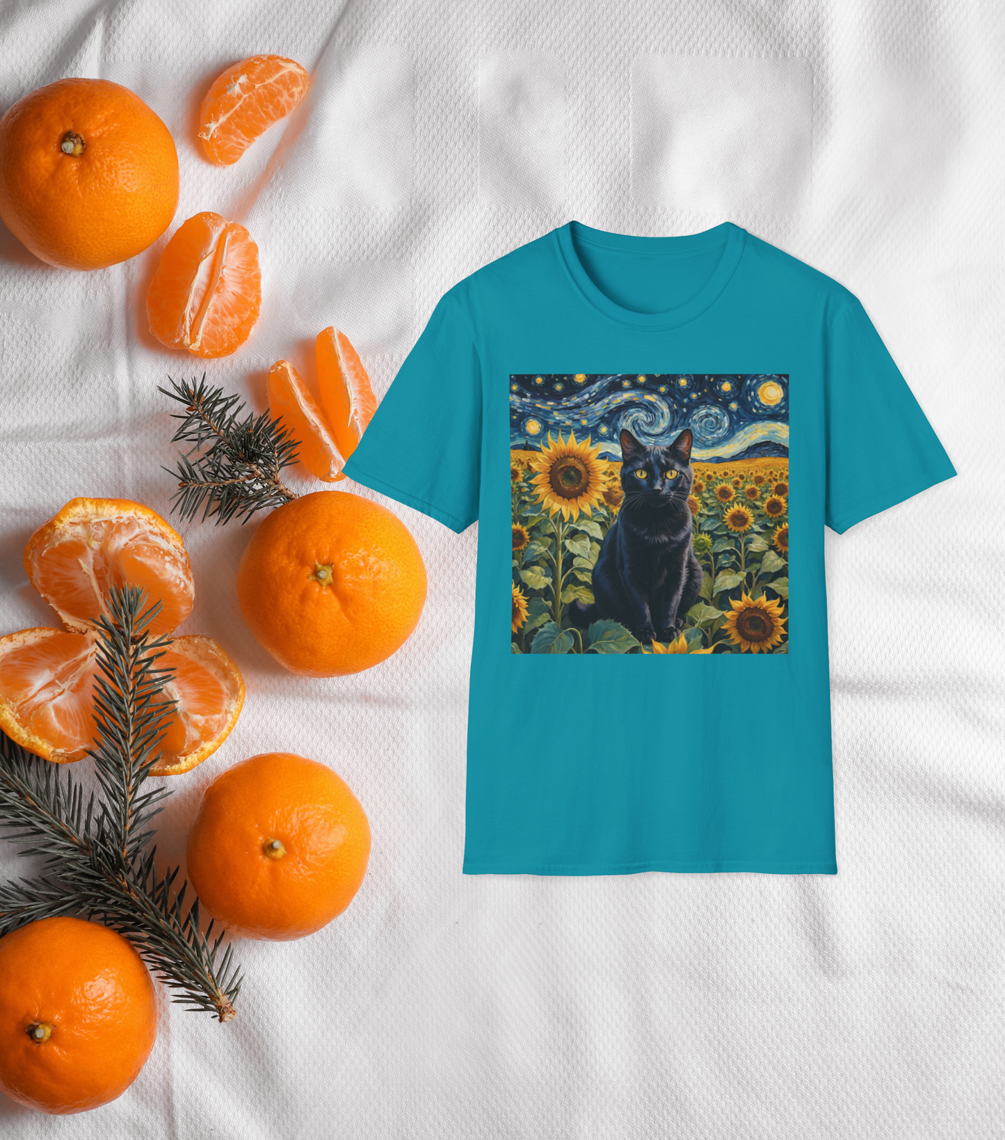 Sunflower Majesty – Cat Van Gogh Style T-Shirt - Unisex Softstyle T-Shirt