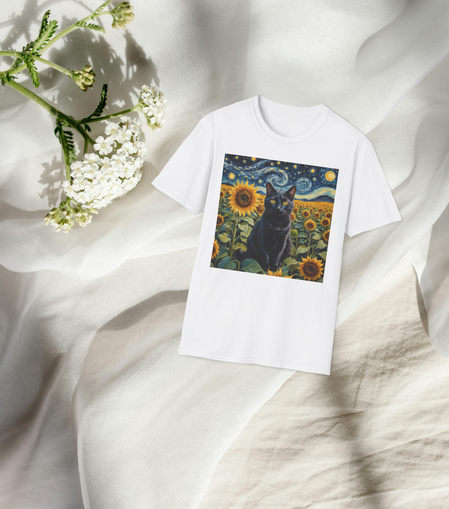 Sunflower Majesty – Cat Van Gogh Style T-Shirt - Unisex Softstyle T-Shirt