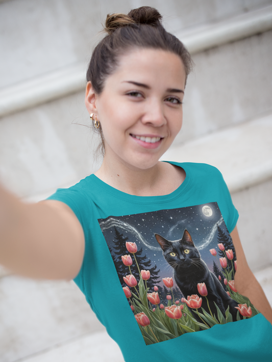 Van Gogh Style Black Cat & Tulips T-Shirt – Whimsical Starry Night Moonlit Garden Tee for Cat Lovers, Unisex Heavy Cotton